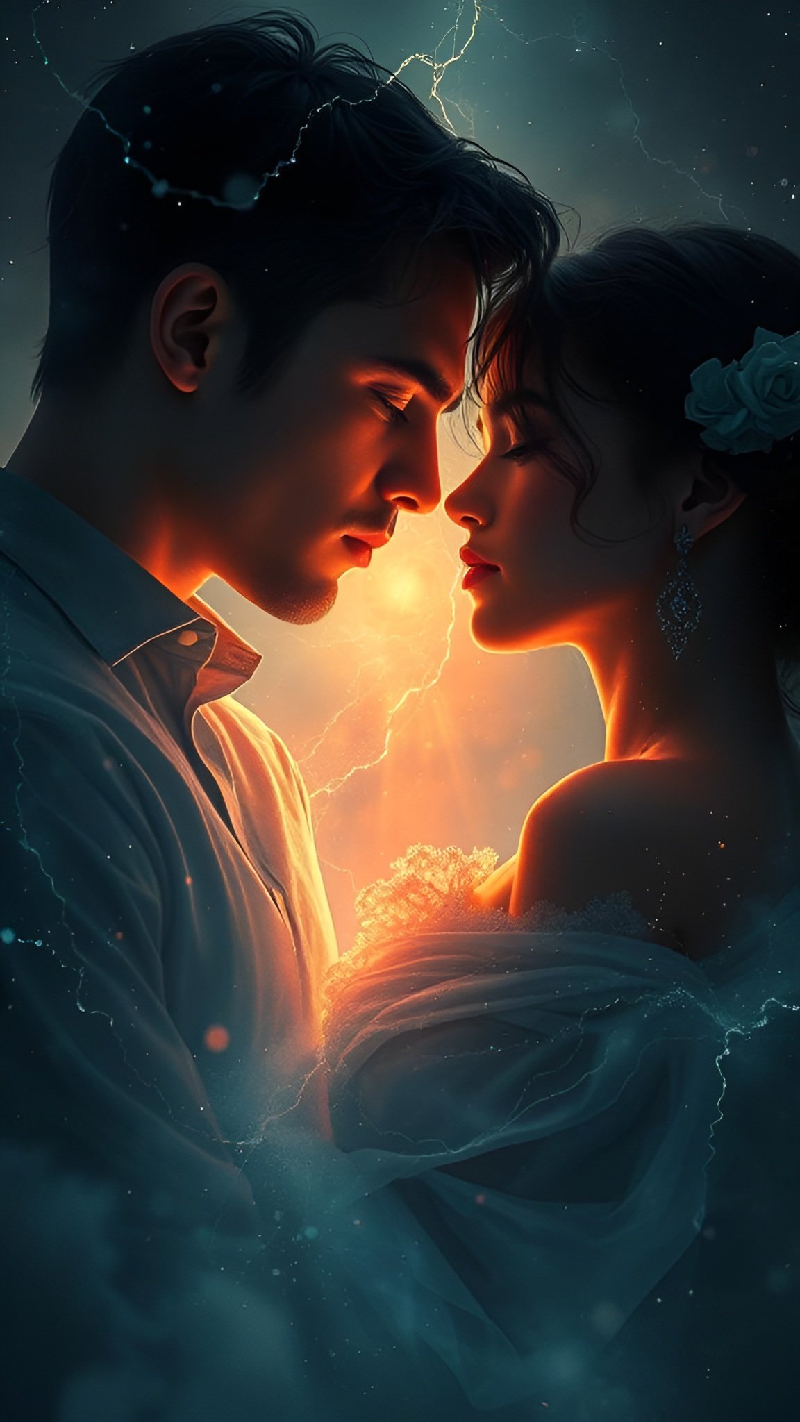 Painting of a man in a white shirt and a woman in a white off-shoulder dress standing forehead to forehead
