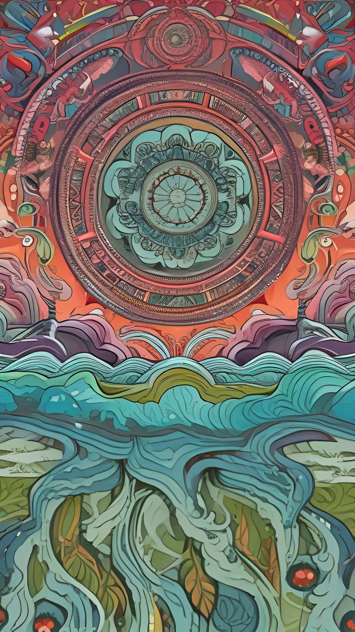 Abstract painting of a circular mandala sun over stylized teal waves with coral red sky rings