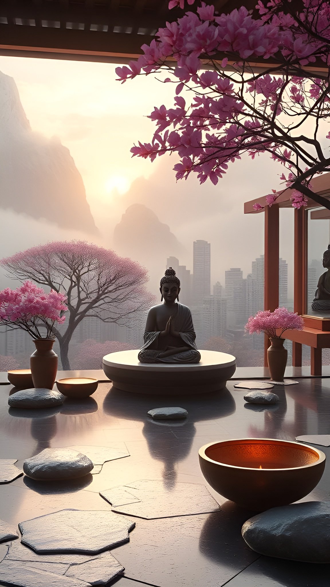 Buddha statue meditating under blooming cherry blossoms in zen garden