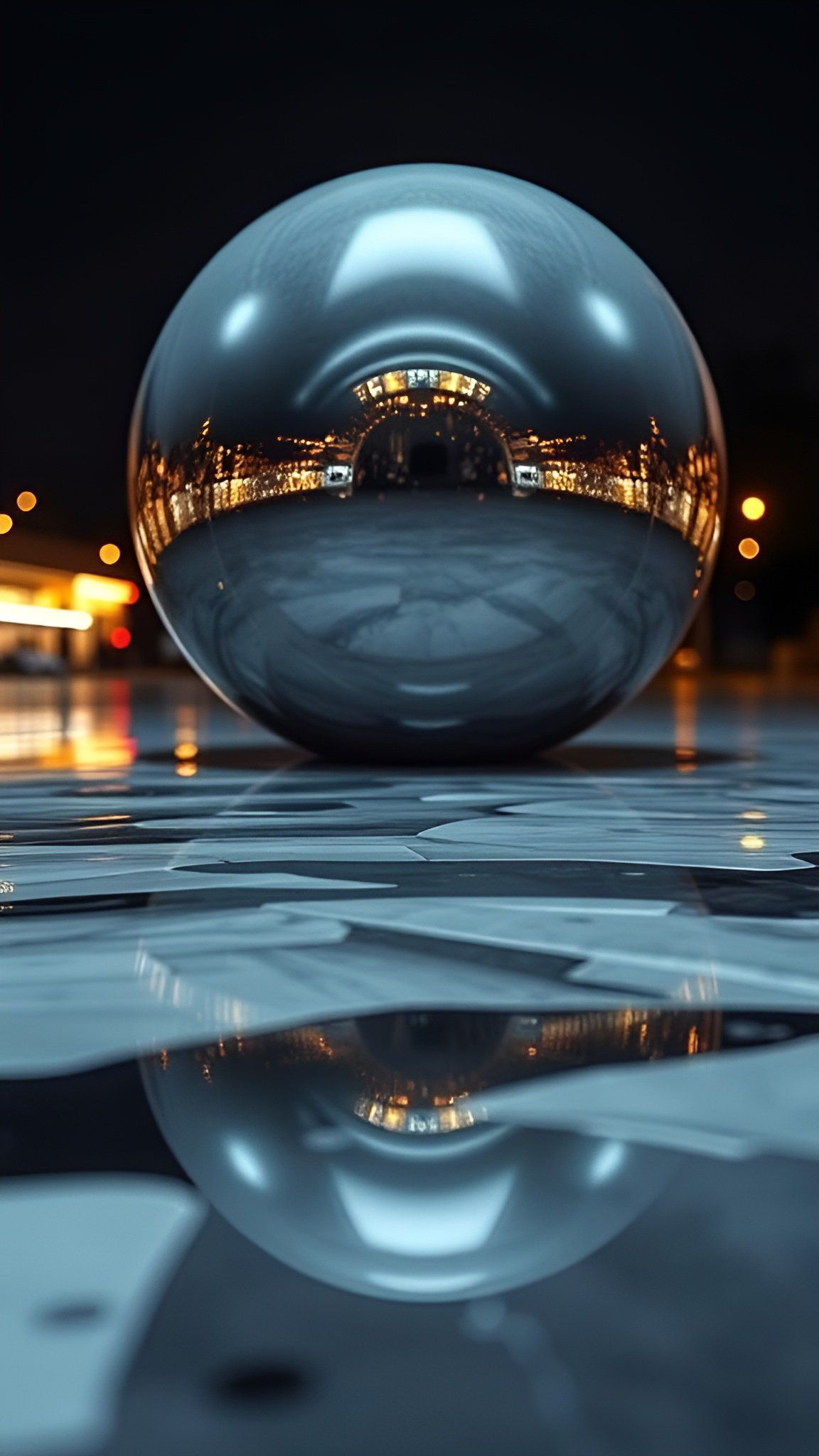 Large metallic torus sculpture reflecting city lights at night on wet ground