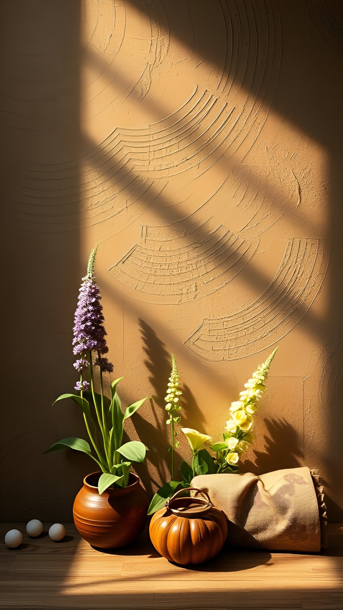 Zen minimalist still life with pottery and soft sunlight shadows