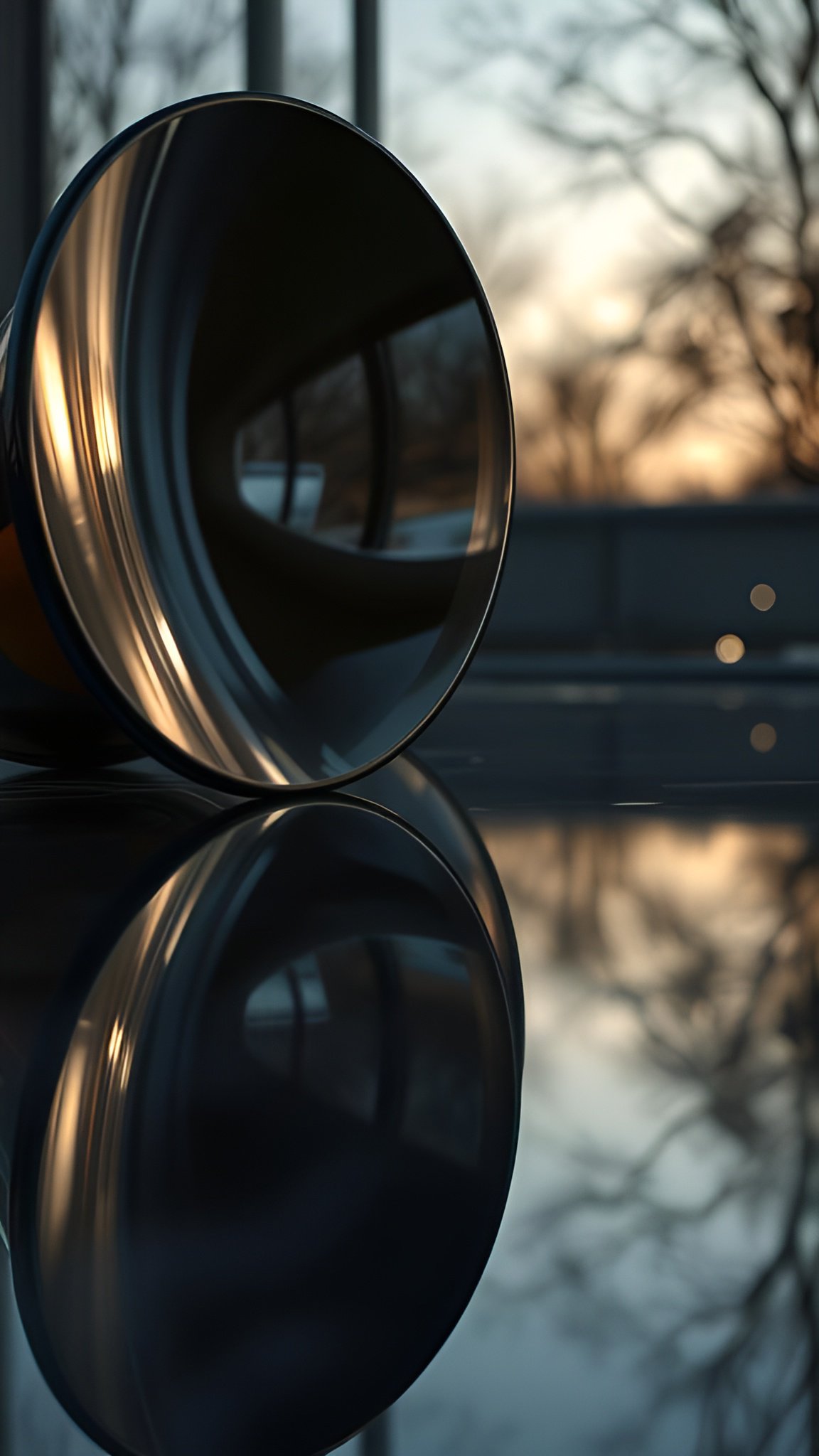Mirrored chrome sculpture reflecting warm sunset light near window with tree shadows