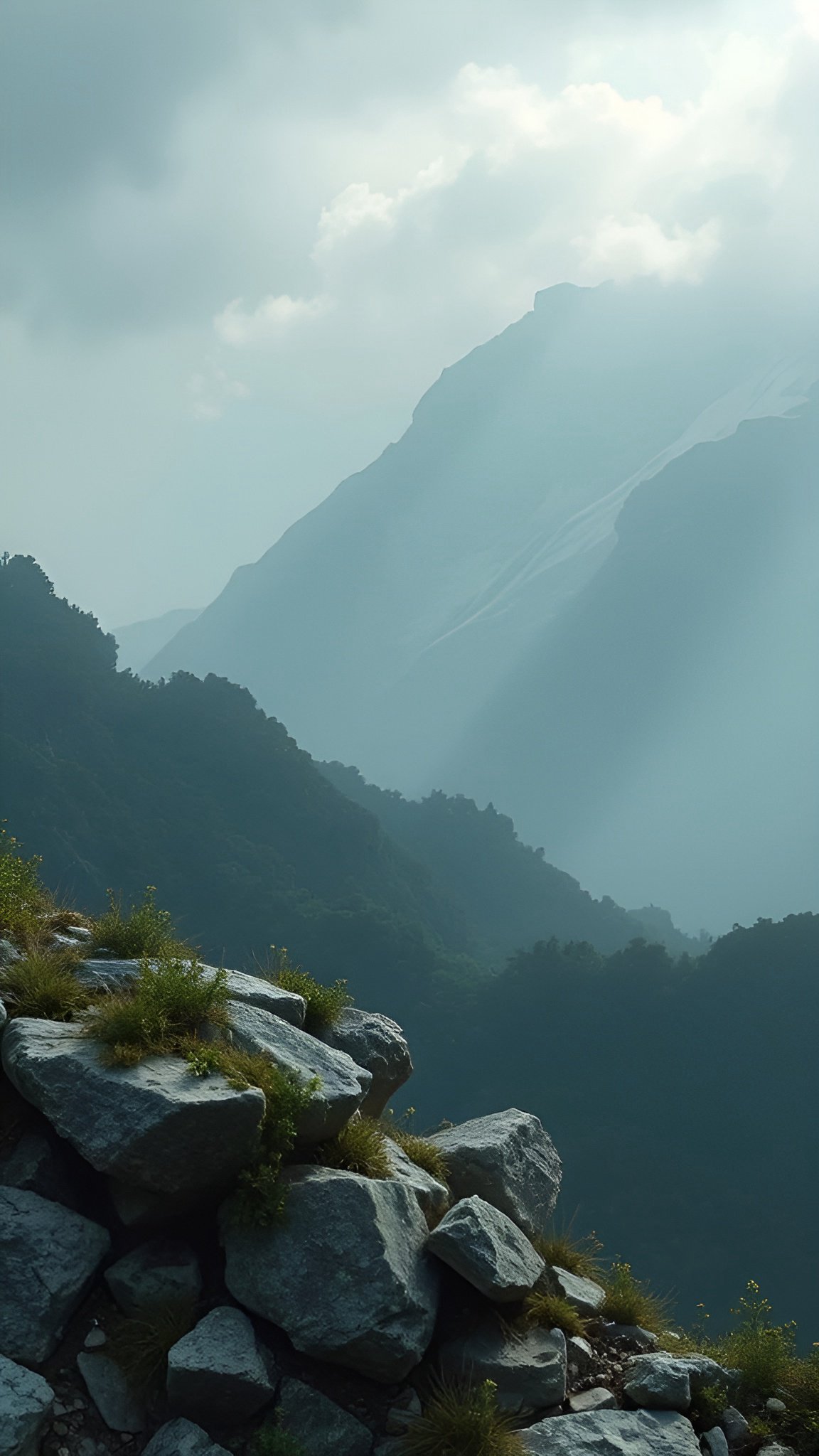 Photo of a misty mountain valley with gray boulders and sun rays through clouds