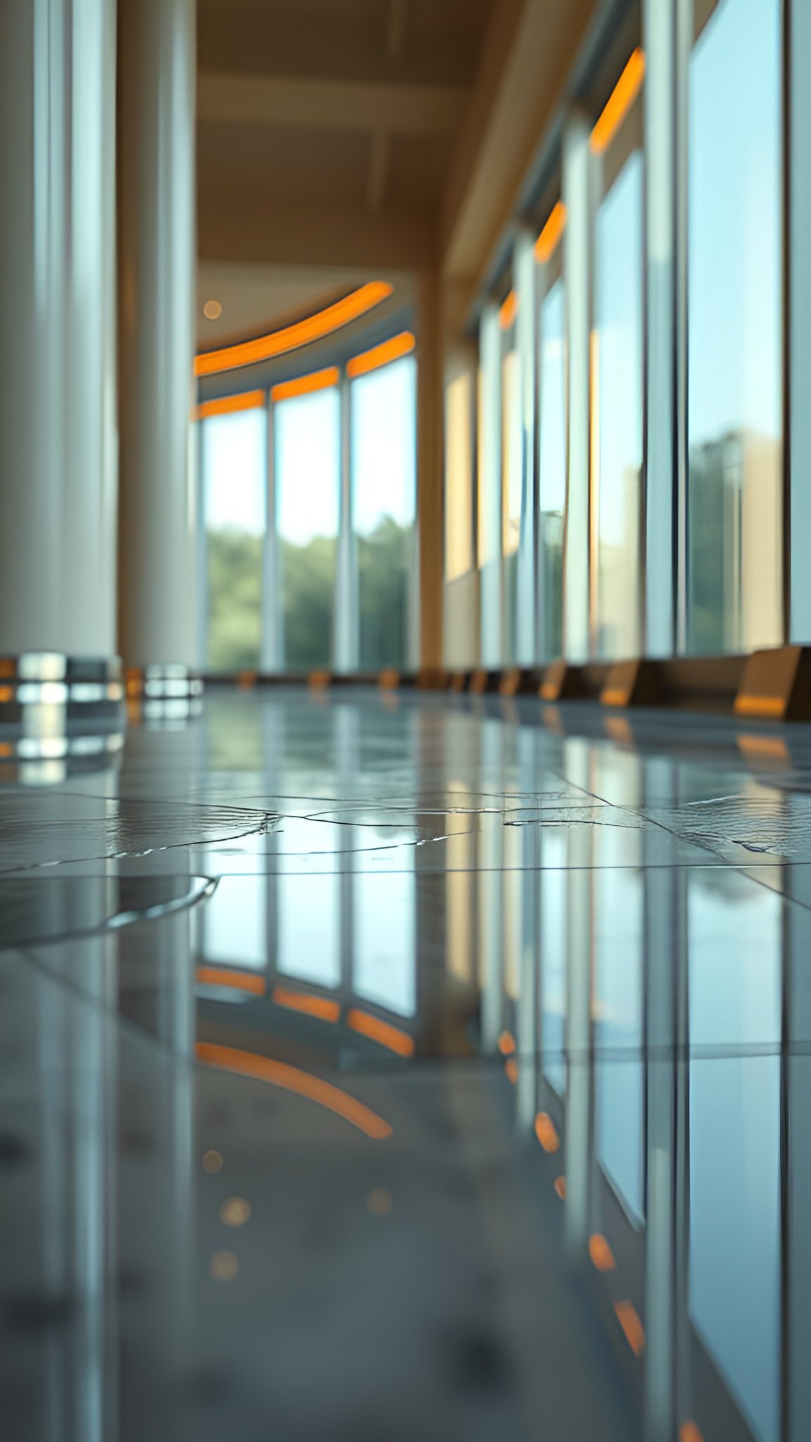 Minimal modern hallway with glossy reflective floor and large curved windows