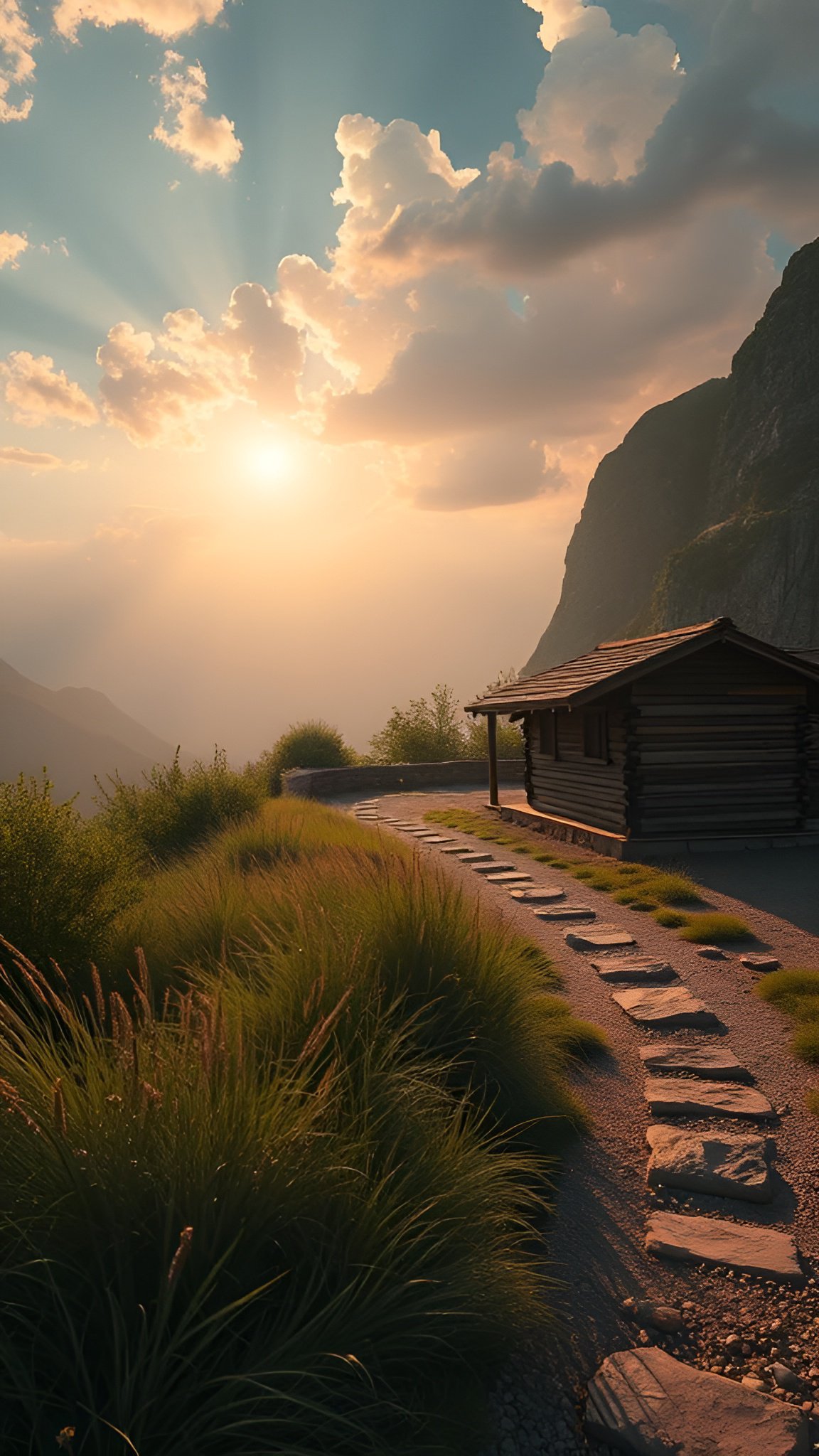 Cozy log cabin in alpine meadow with stone path at sunrise