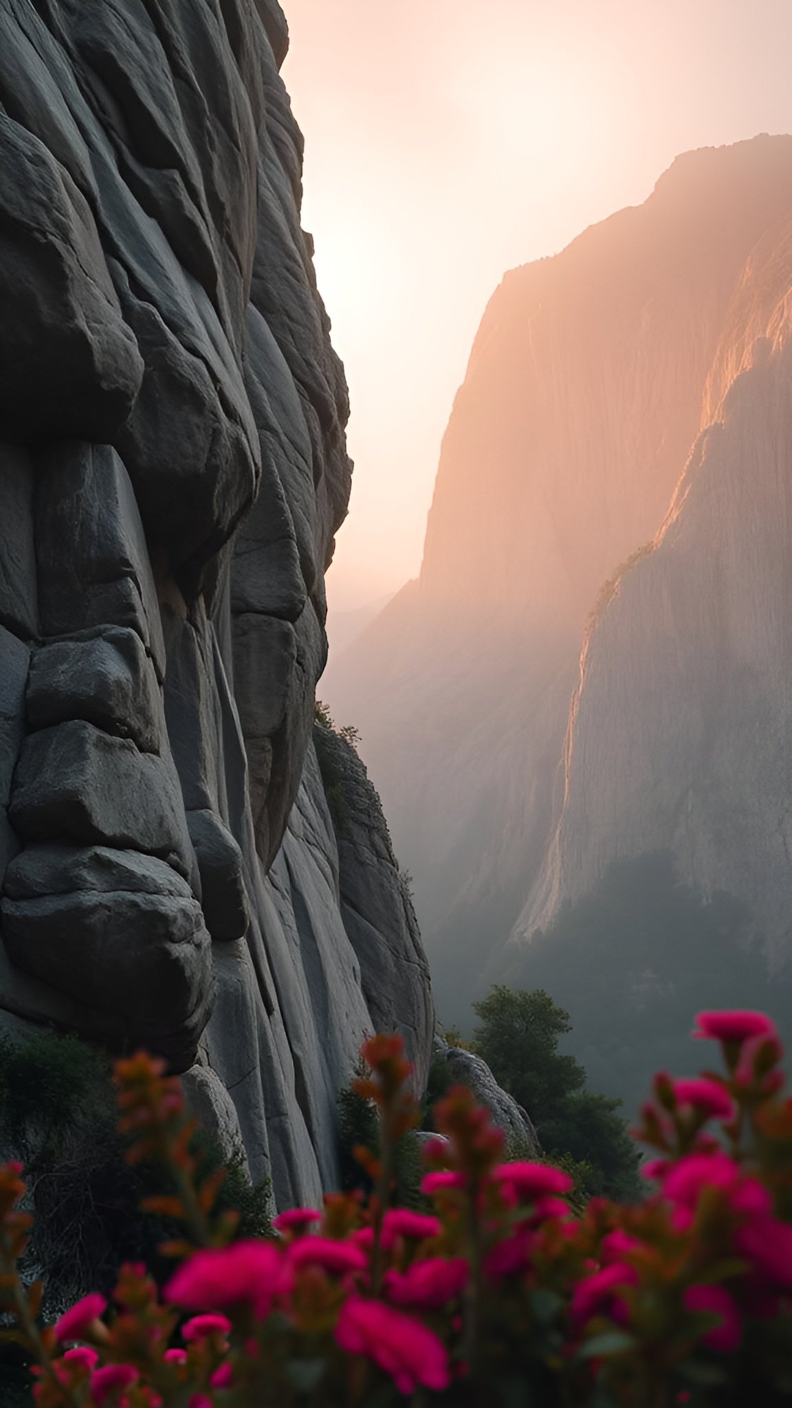 Dramatic mountain canyon bathed in sunrise golden light with pink wildflowers