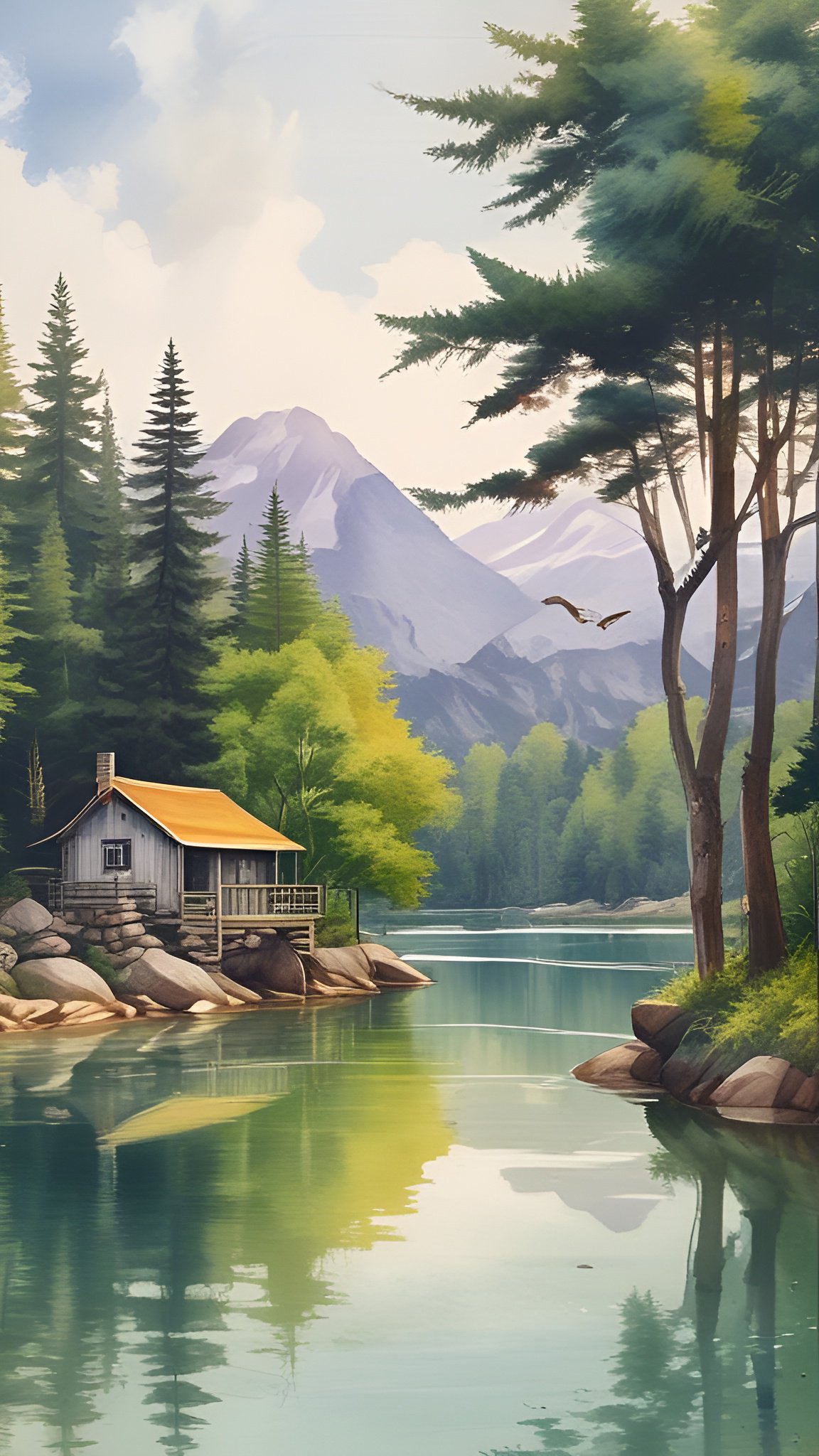 Wooden cabin by calm lake with pine trees and mountain range