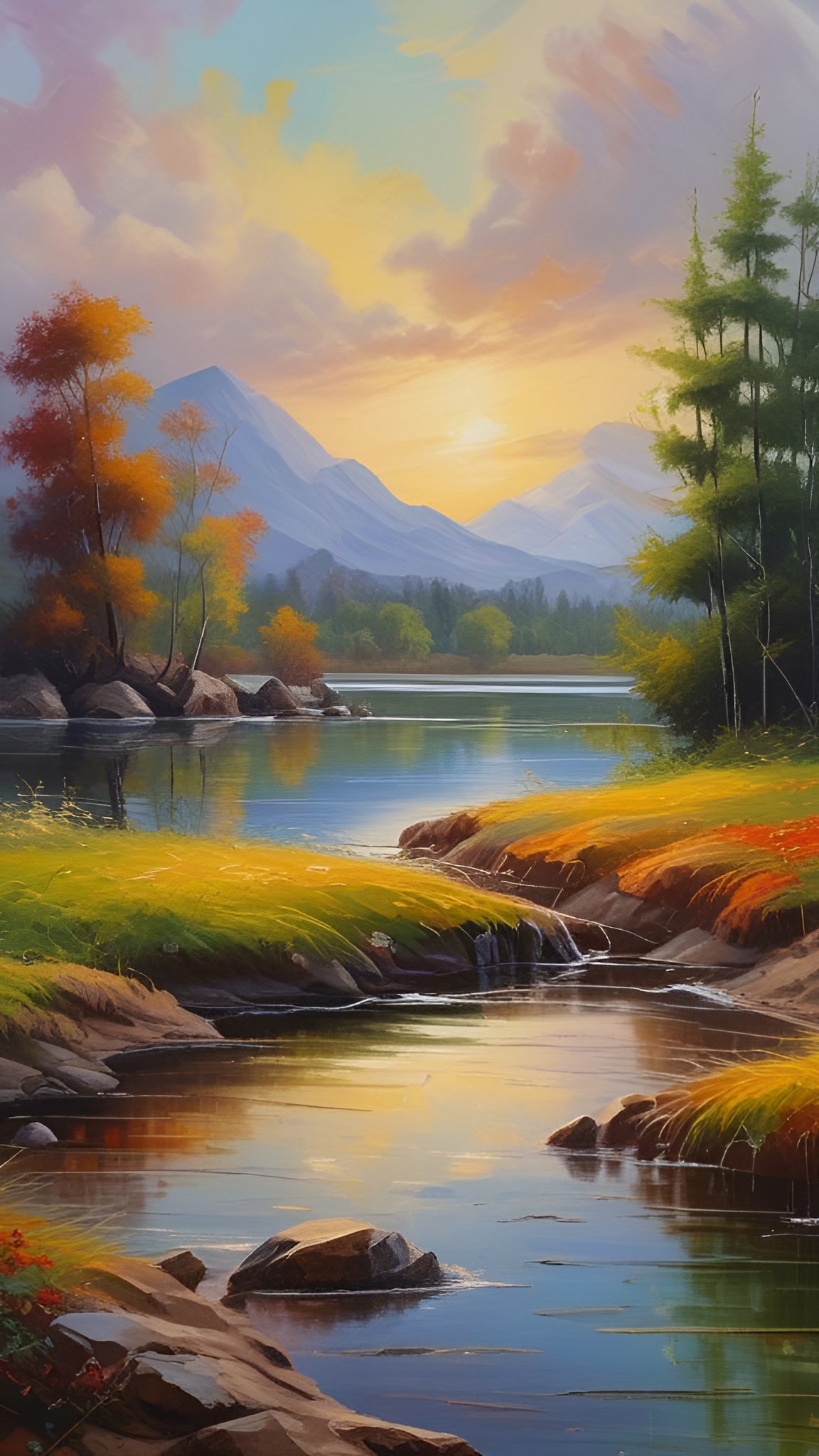 Oil-style painting of a mountain lake at sunset with autumn orange red trees and a rocky stream