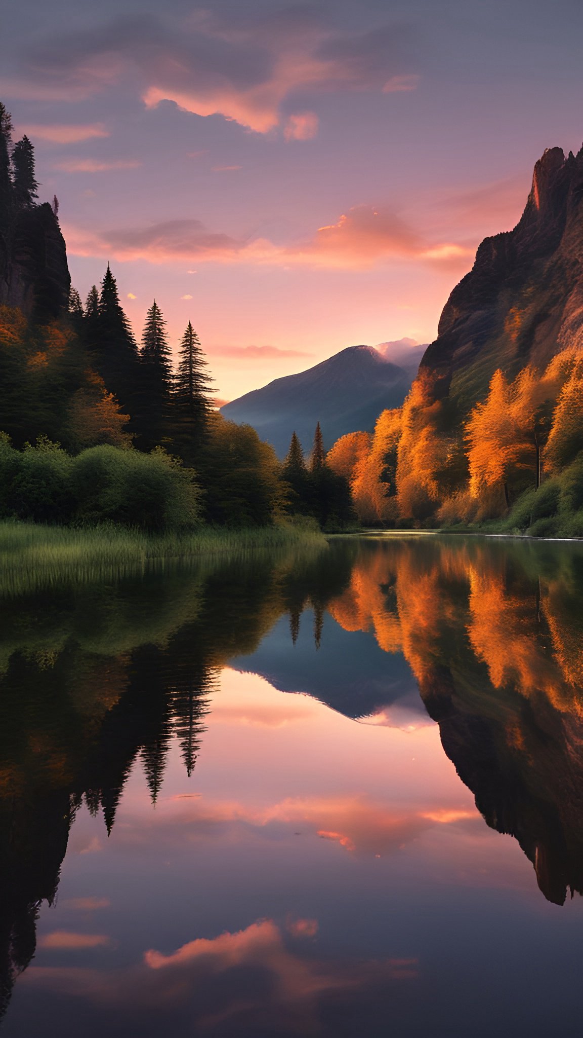 Photo of a mountain lake at sunset with pink orange clouds and golden autumn trees