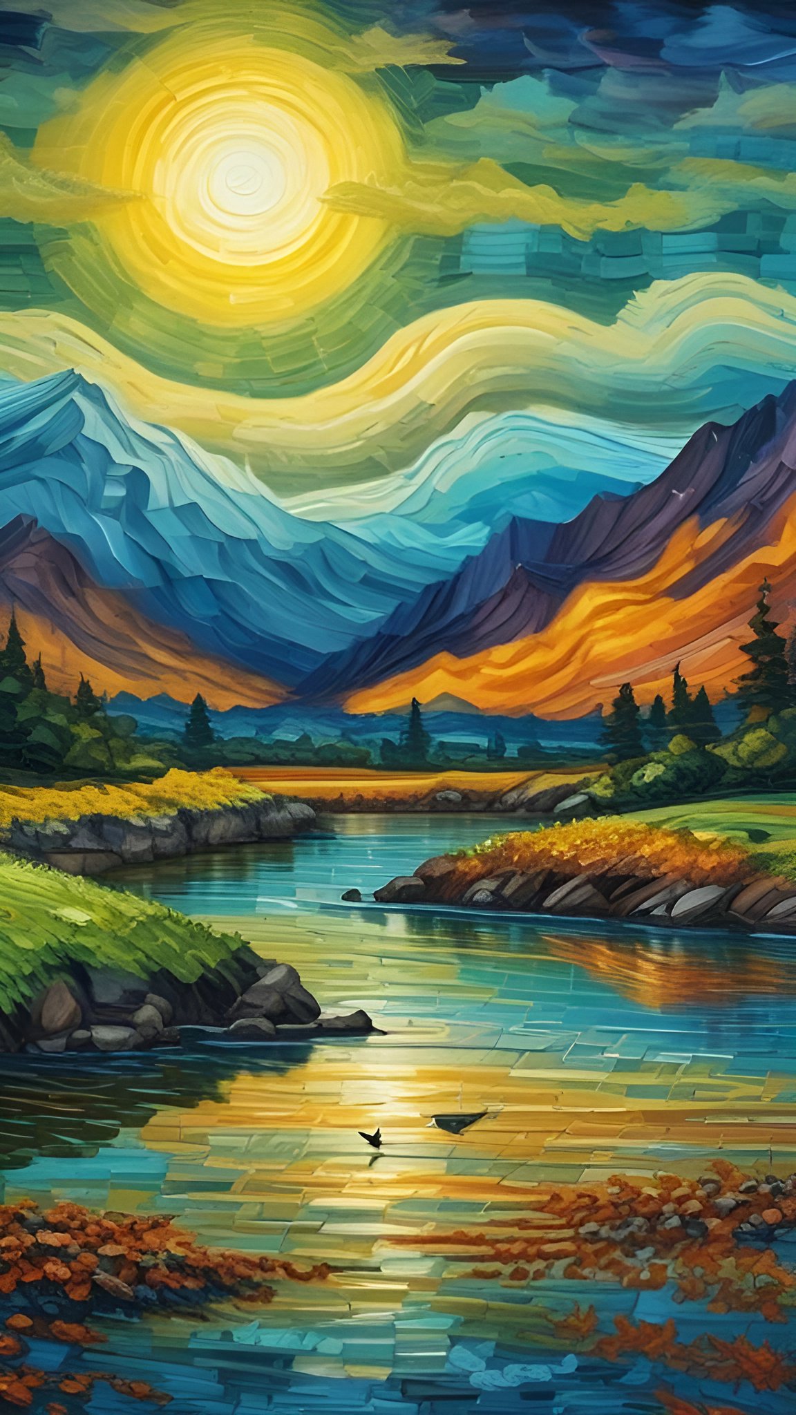 Impasto painting of a mountain lake with a swirling yellow sun, pines, and two small birds