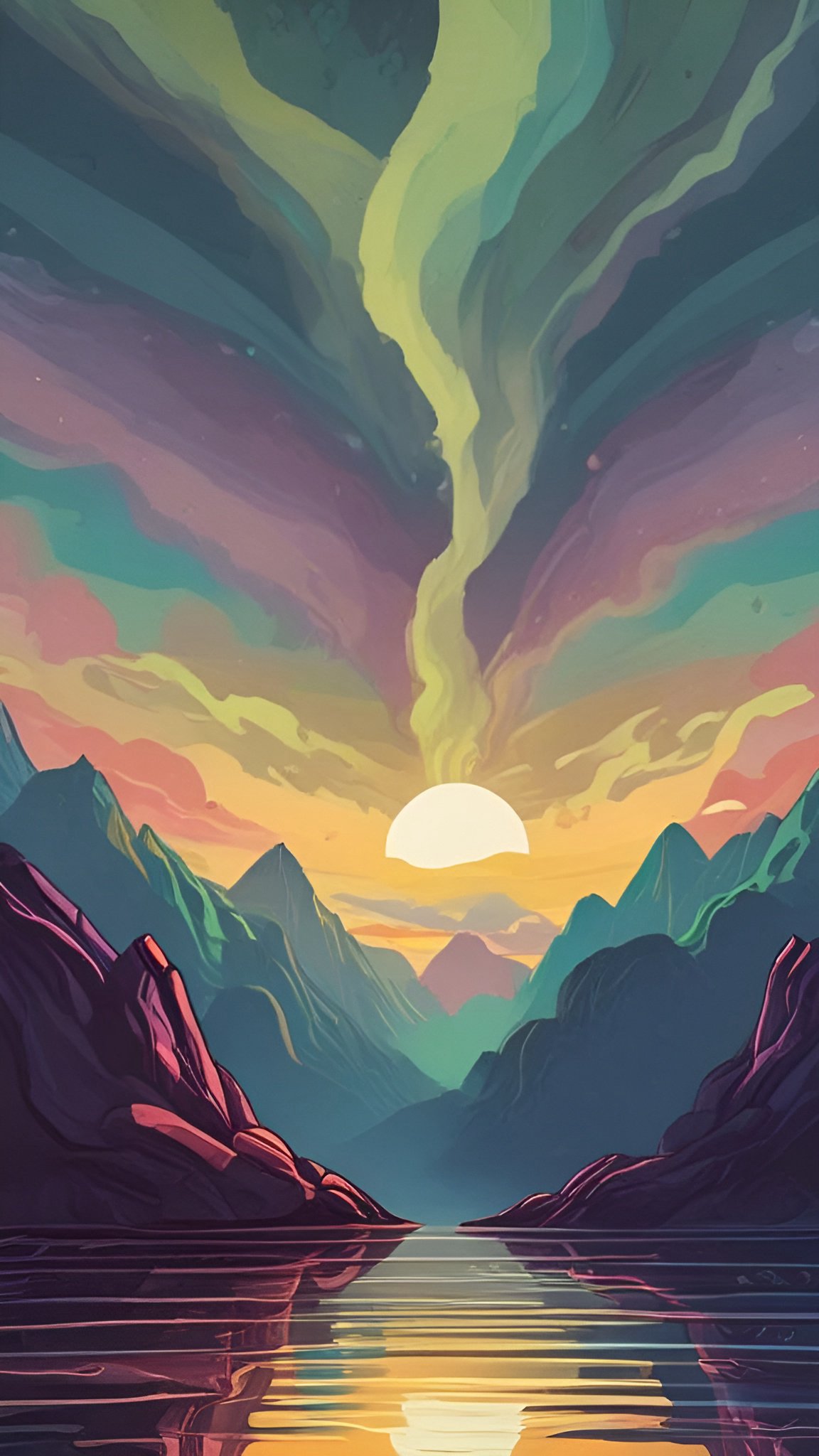Stylized painting of a mountain valley at sunset with a swirling green purple teal and pink sky