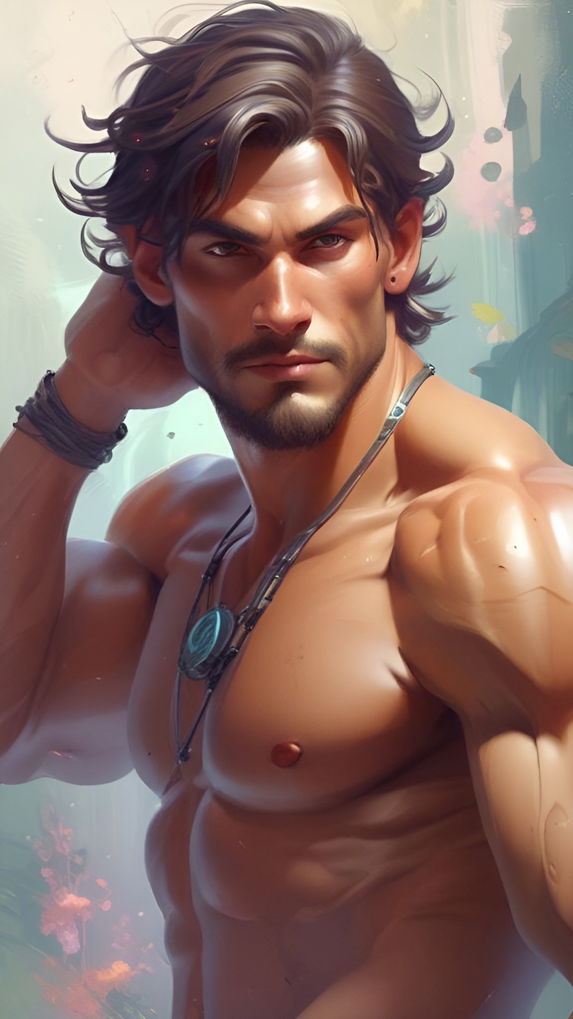 Male figure art of muscular dark haired man with necklace posing in fantasy setting
