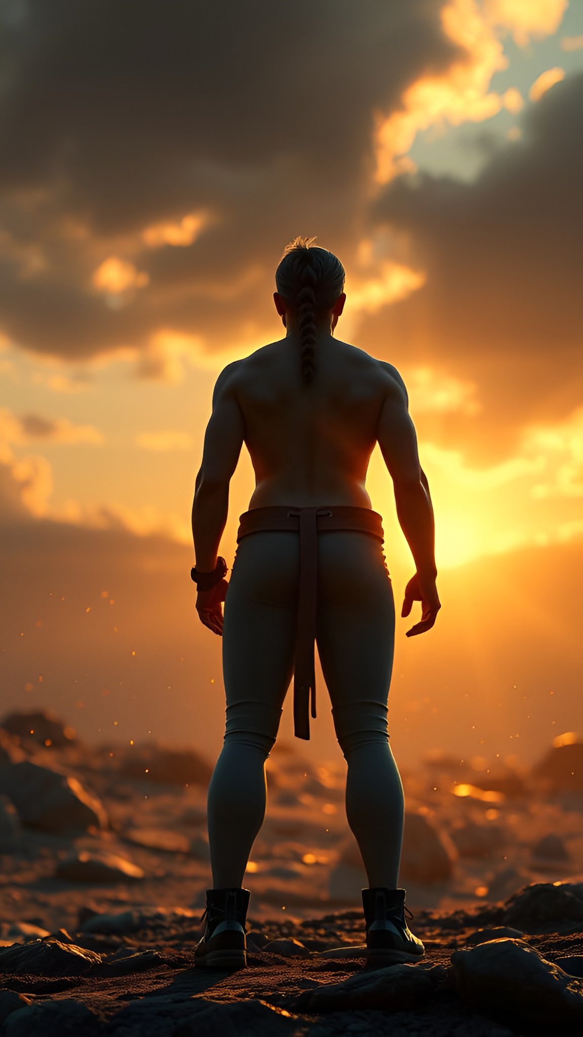 Back view of muscular man with braid in loincloth and boots standing on rocky terrain under a sunlit sky