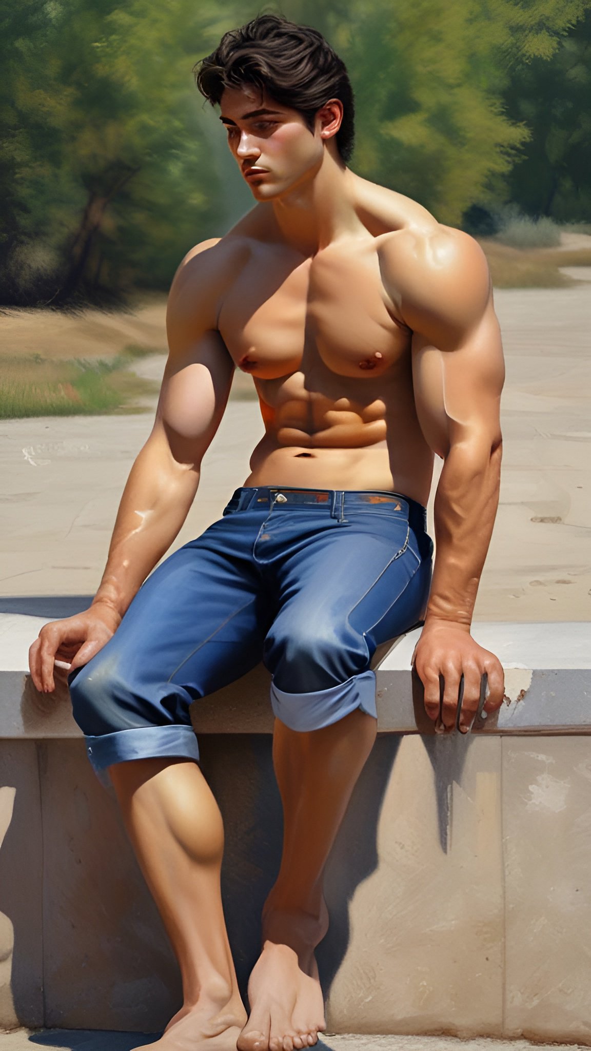Male figure art of a muscular shirtless man sitting on concrete ledge outdoors