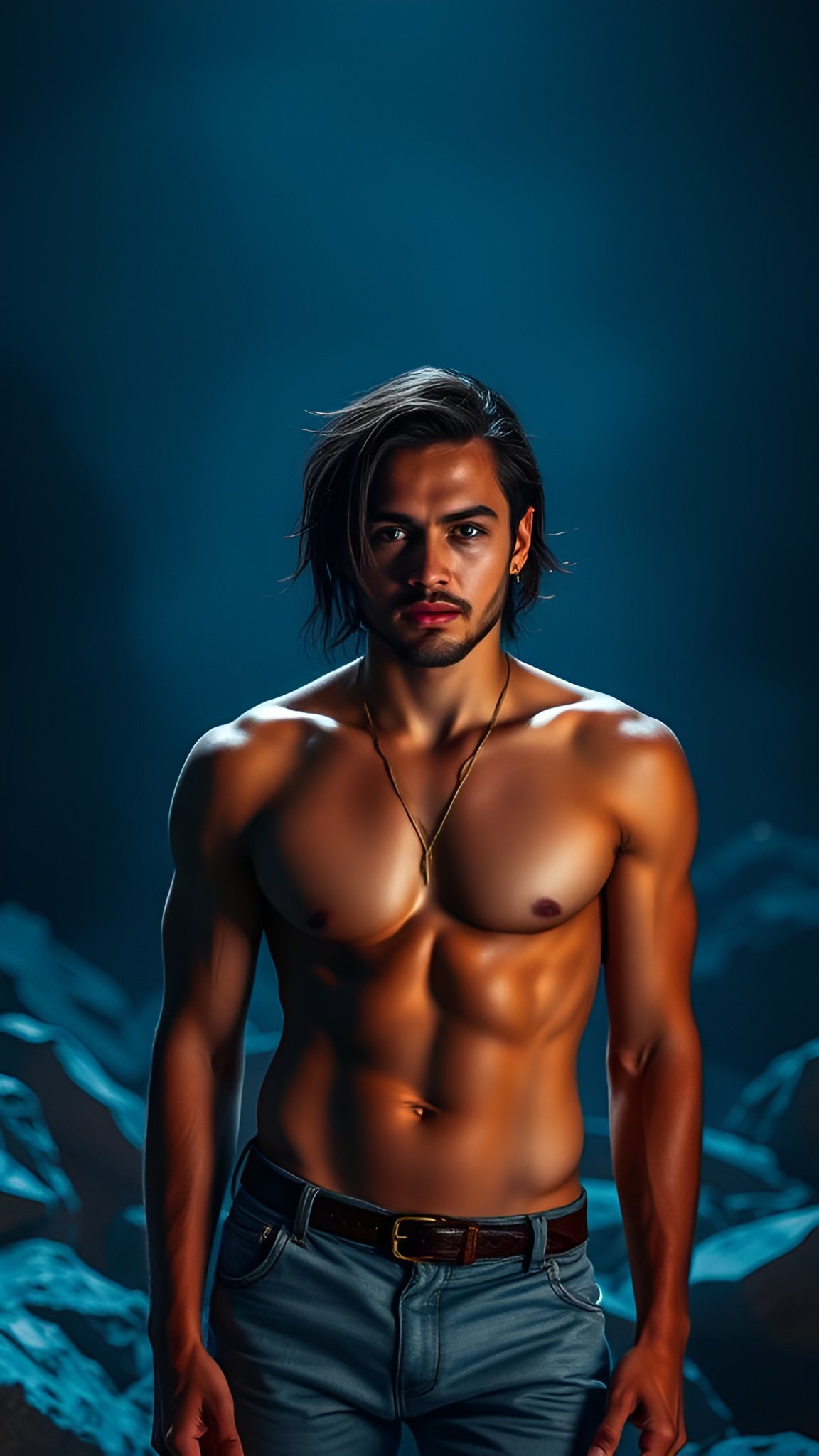 Muscular shirtless man with long hair and necklace standing against blue background with mountains