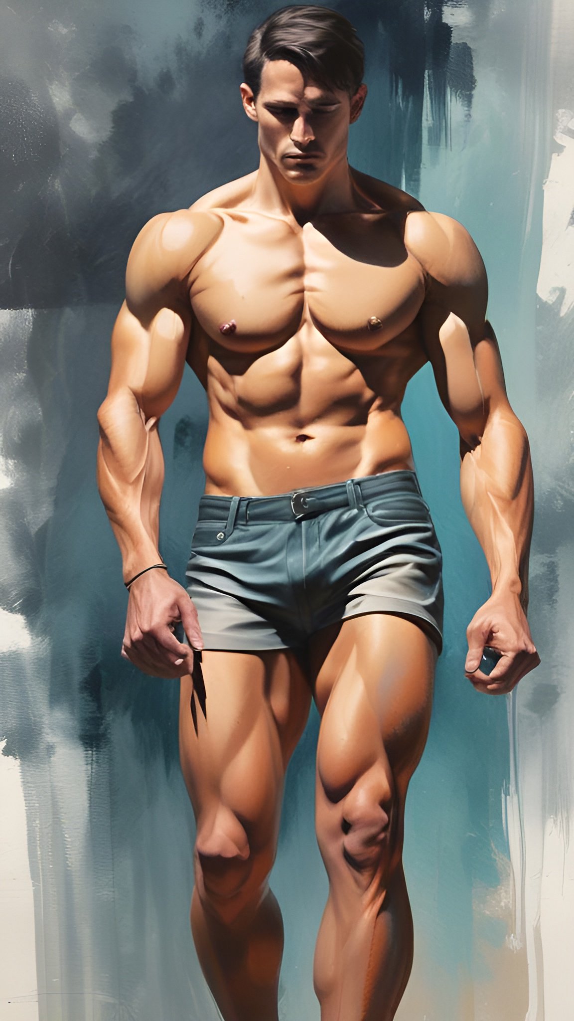 A male figure art of a muscular man in teal shorts on a blue and gray studio wash