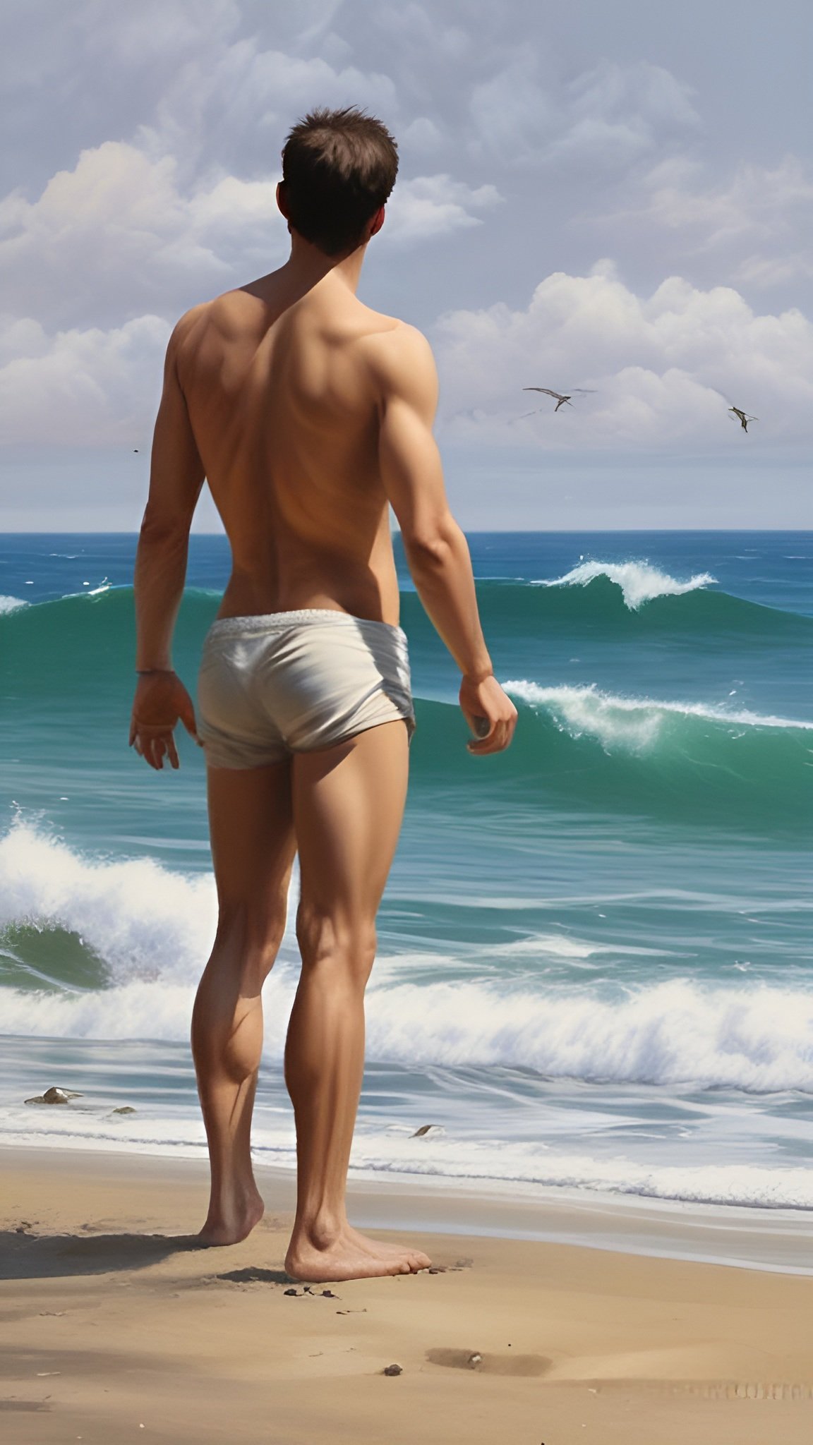 Photo of a muscular shirtless man in white shorts standing on sandy beach facing ocean waves