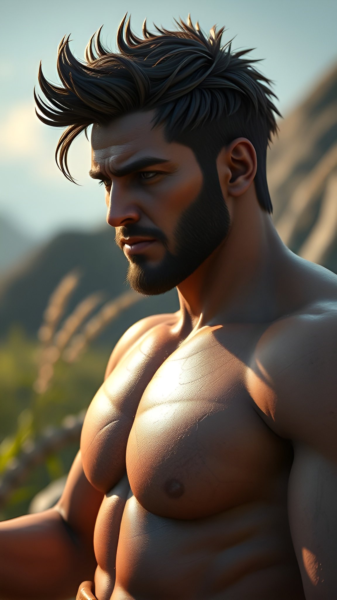 Muscular shirtless man with beard in mountainous landscape at sunset