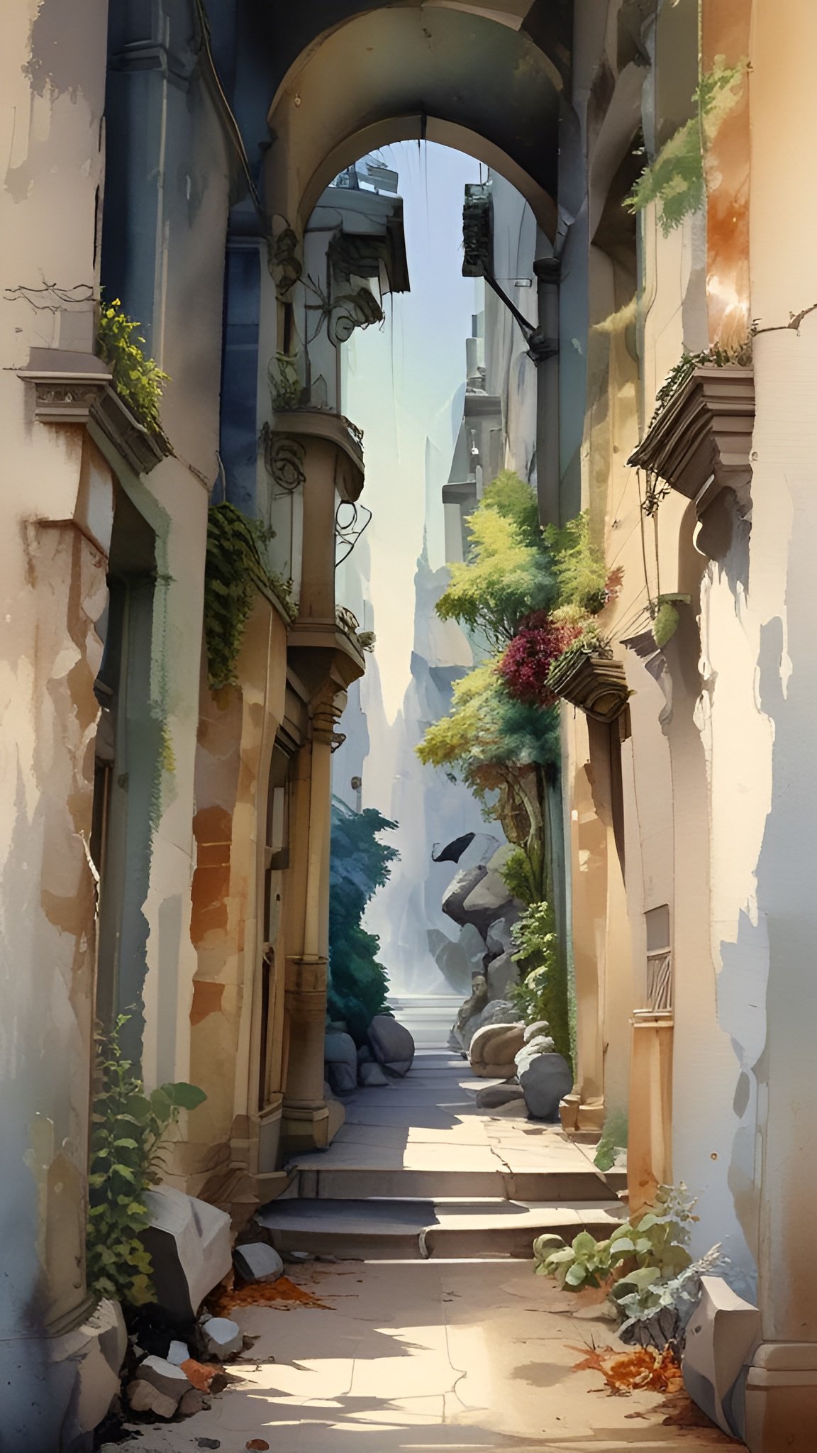 Watercolor of a narrow stone alley under an arch with ivy and stone steps