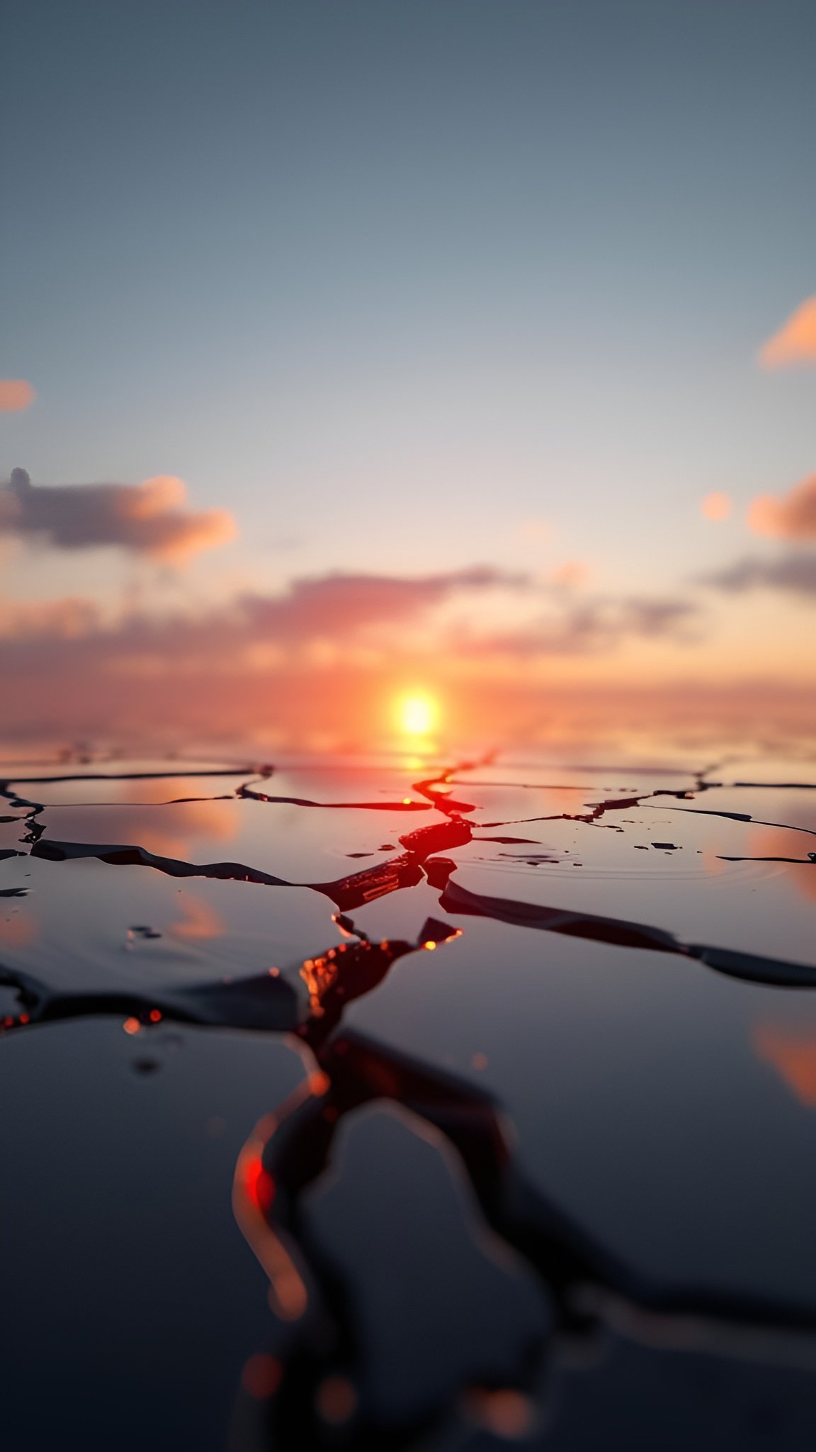 Nature photograph of cracked ice surface reflecting beautiful sunset colors