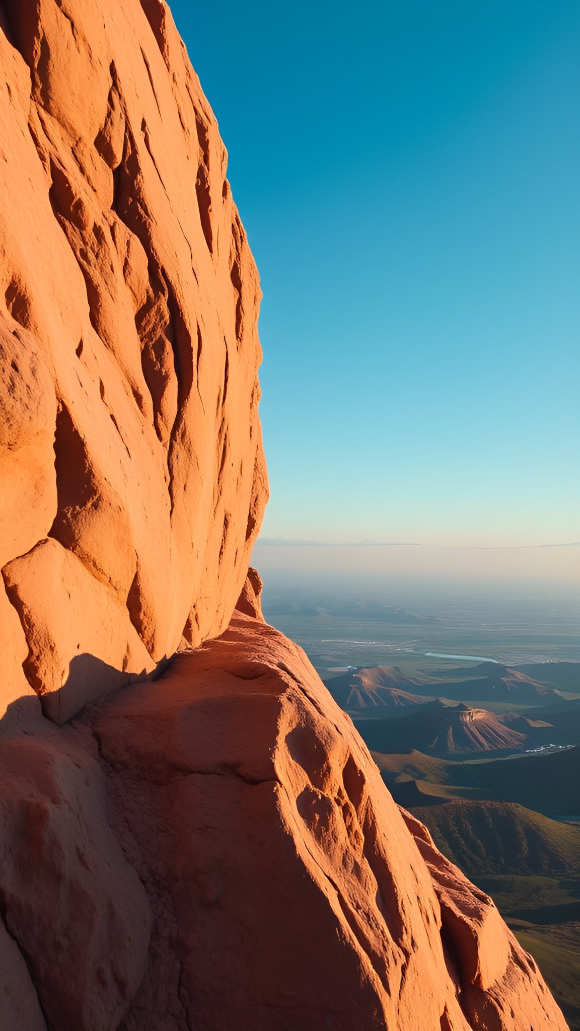 Nature photograph of red rock cliff overlooking vast desert landscape under blue sky