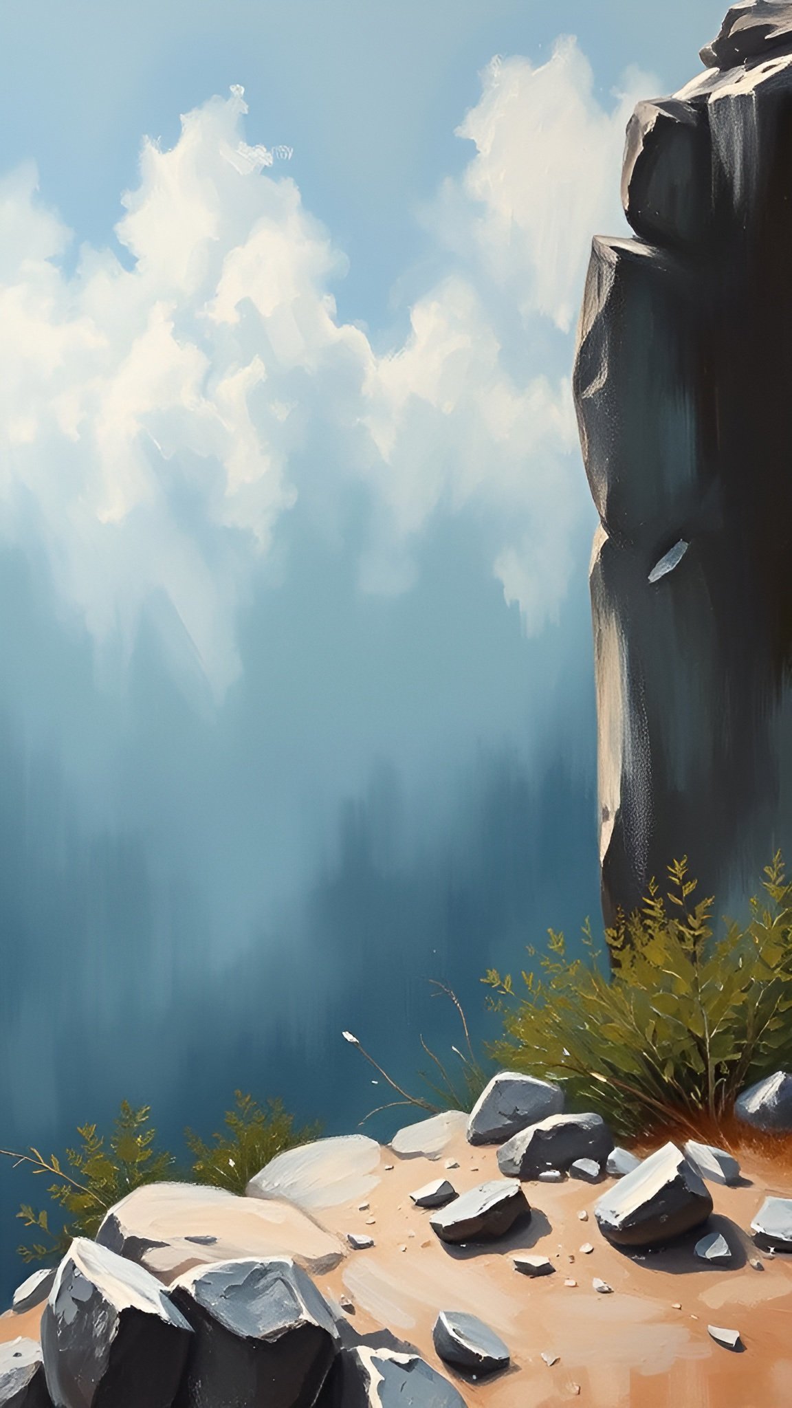 Nature photograph of rocky cliff edge with plants overlooking a misty blue valley and clouds