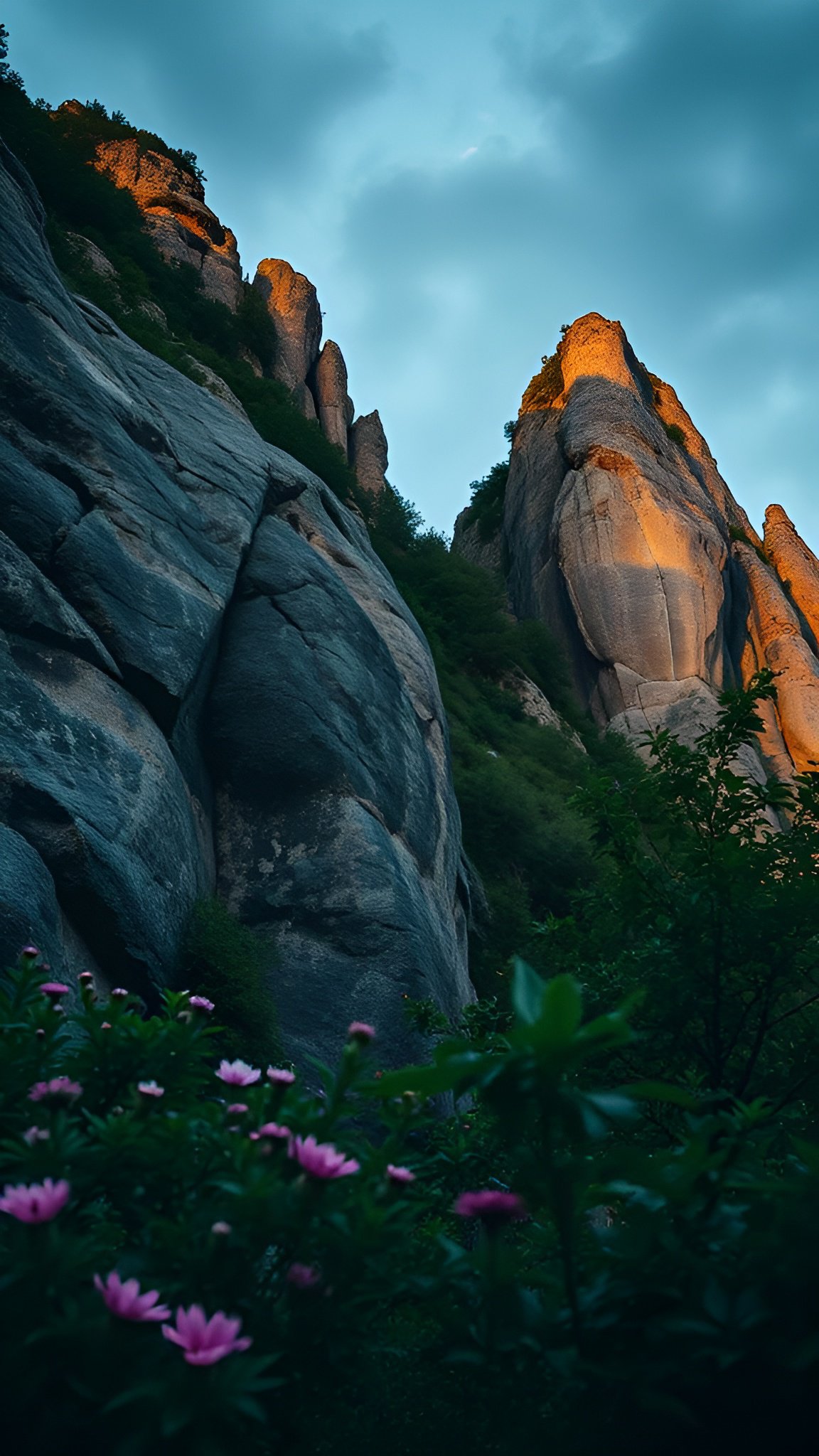 Nature photograph of tall rocky cliffs with golden light on peaks and pink wildflowers