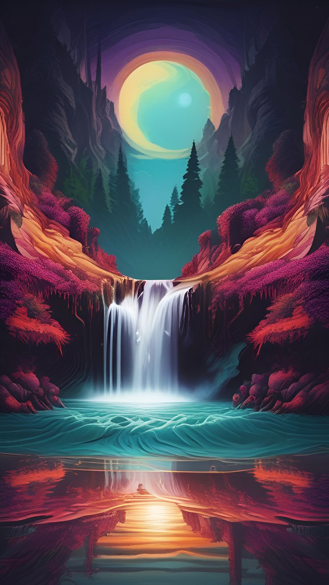 Painting of a night canyon waterfall with a teal pool and a large yellow teal moon