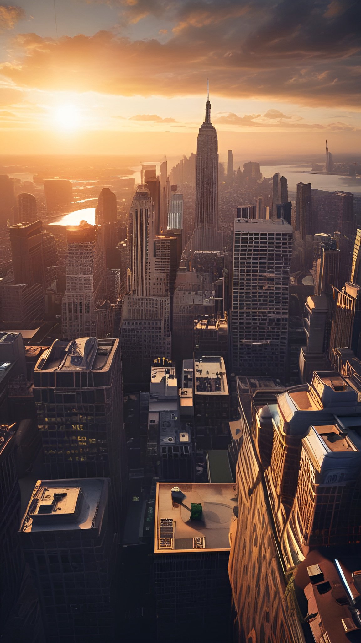 Photo of the New York City skyline at sunset with the Empire State Building