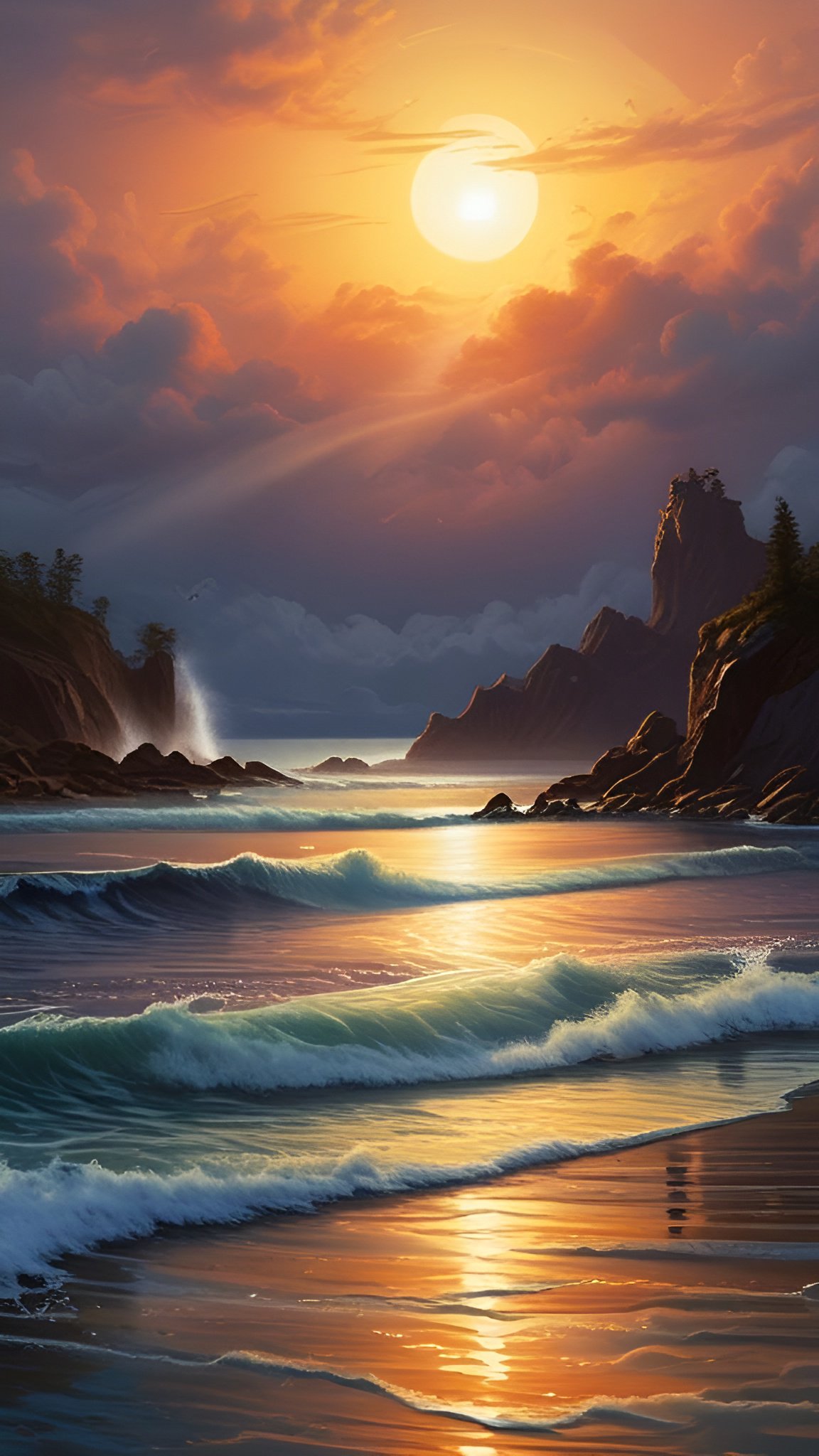 Nature photograph of vibrant ocean sunset with large sun over waves and rocky coast
