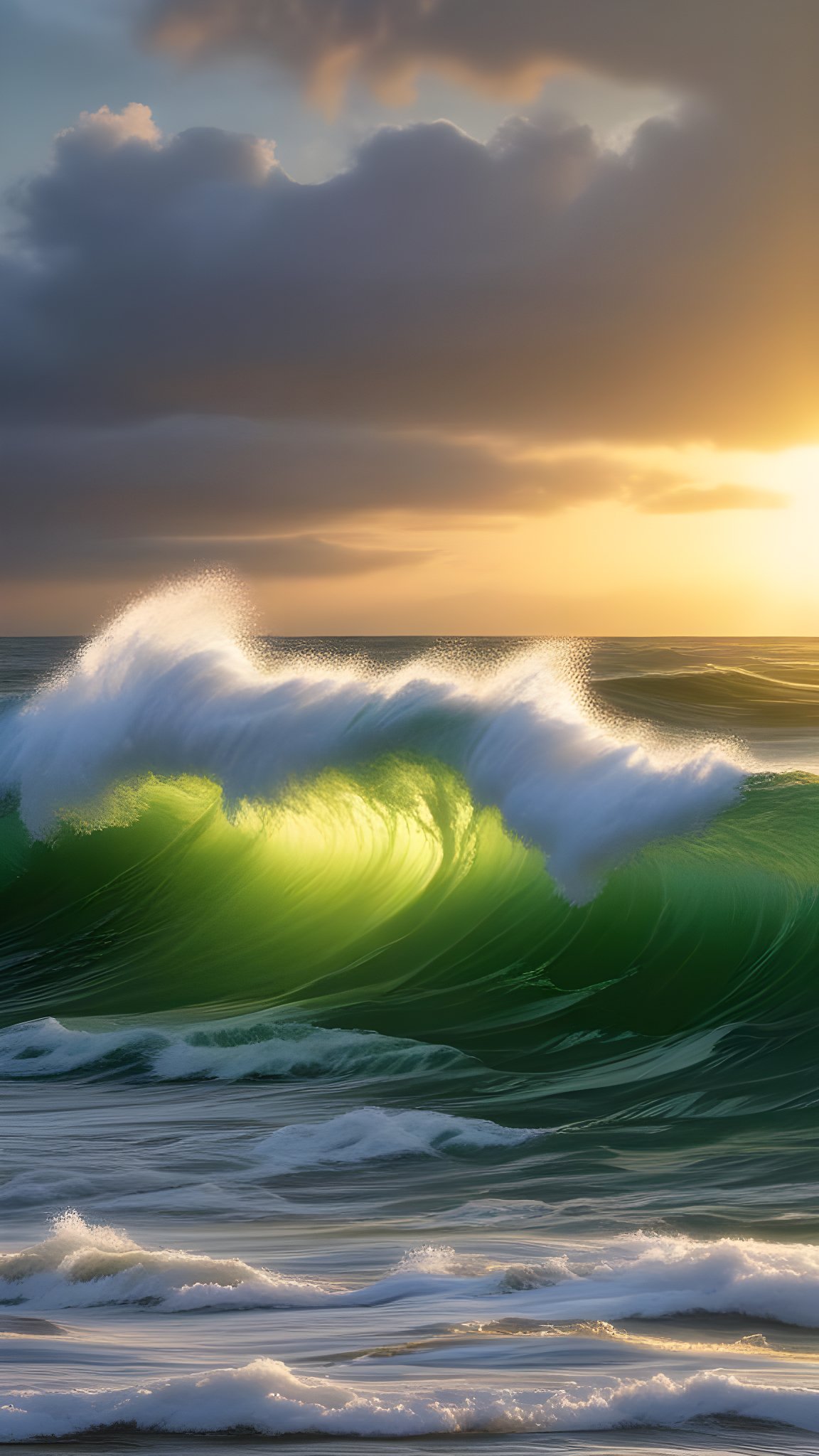 Massive curling ocean wave glowing emerald green with sunset light piercing through