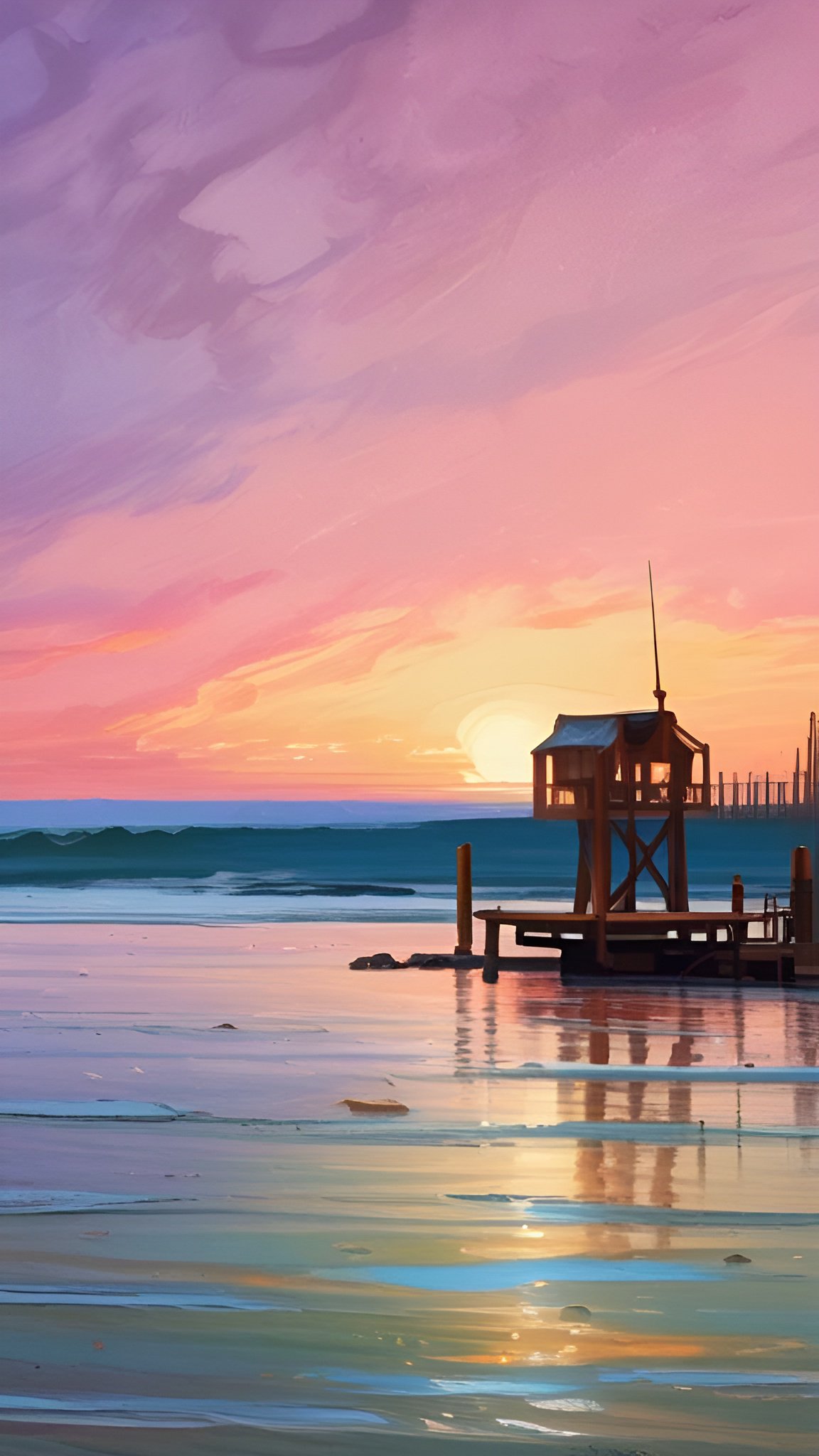 Oil painting style of a wooden lifeguard tower and pier at a colorful sunset sky over the ocean beach