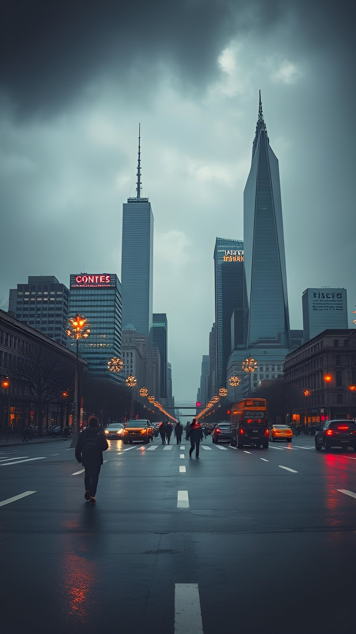A creative photograph of One World Trade Center and a wet street under a cloudy sky in New York City