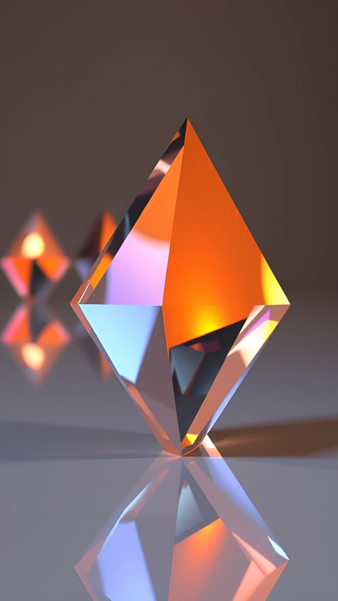 Orange crystal pyramid with reflective surfaces and blue accents on brown background