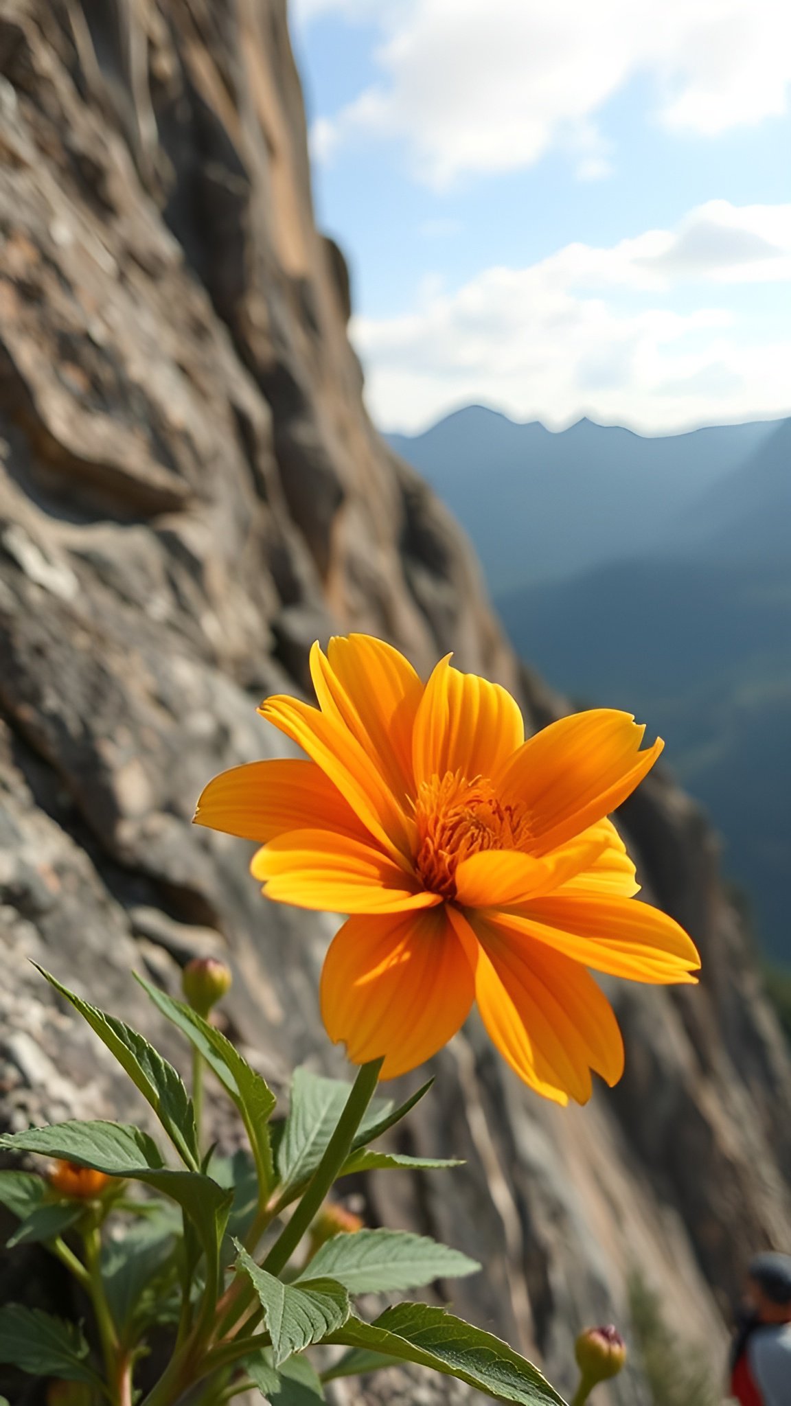 Orange flower on rocky cliff with mountains in background