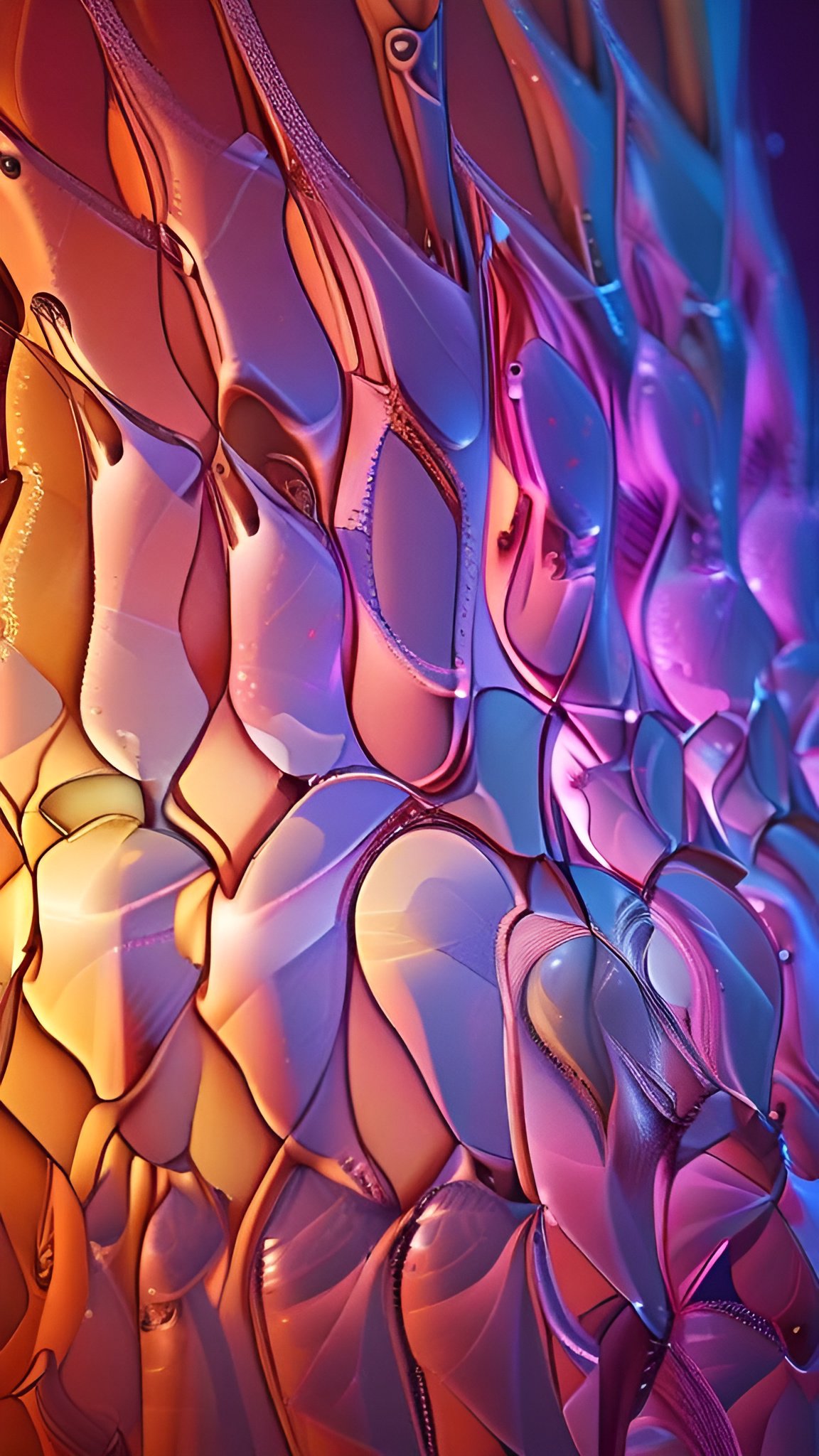 Abstract art of glossy organic scale-like surfaces in orange gold pink purple and blue