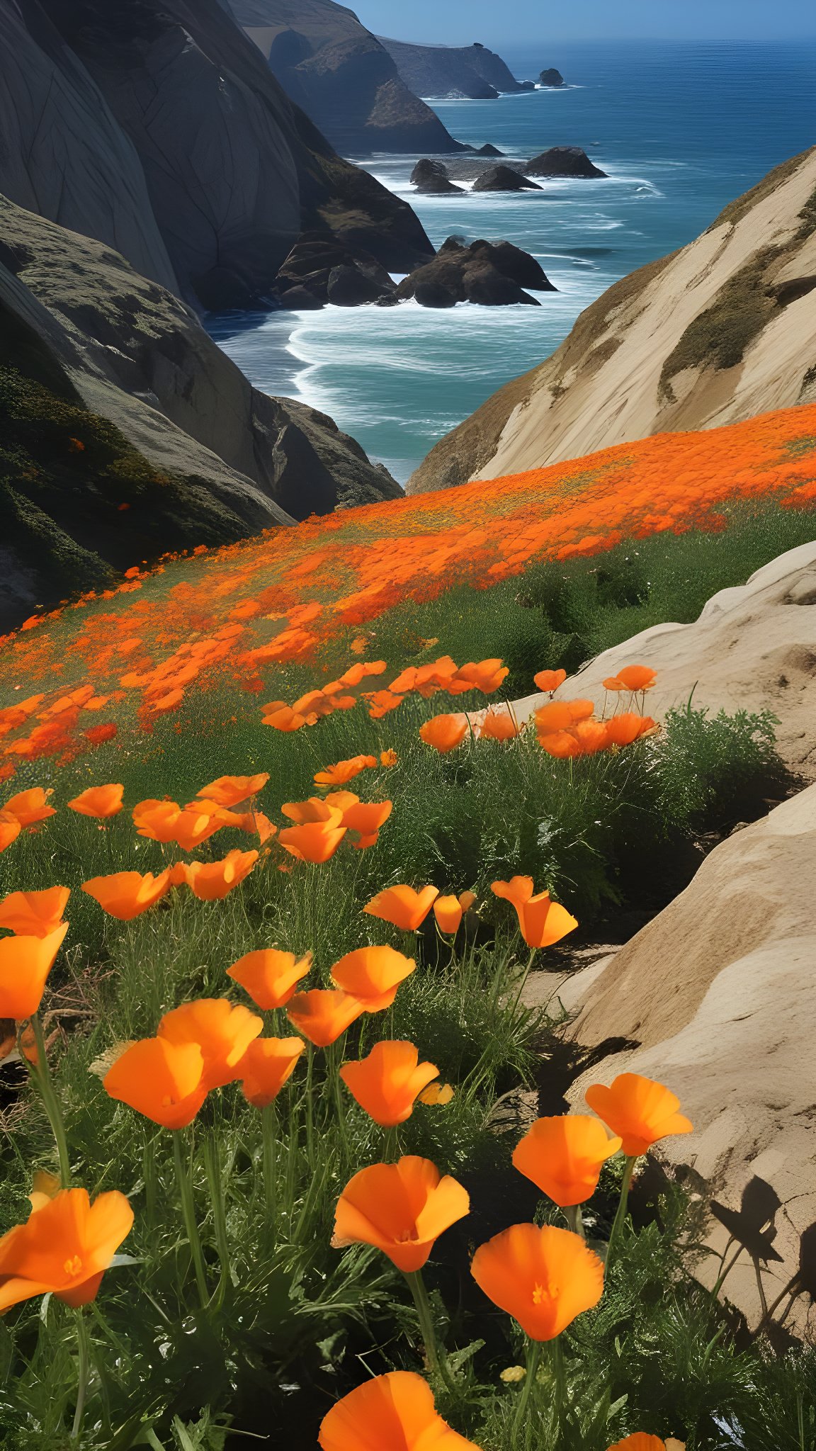 Orange poppies on cliff overlooking ocean with rocks and coastline