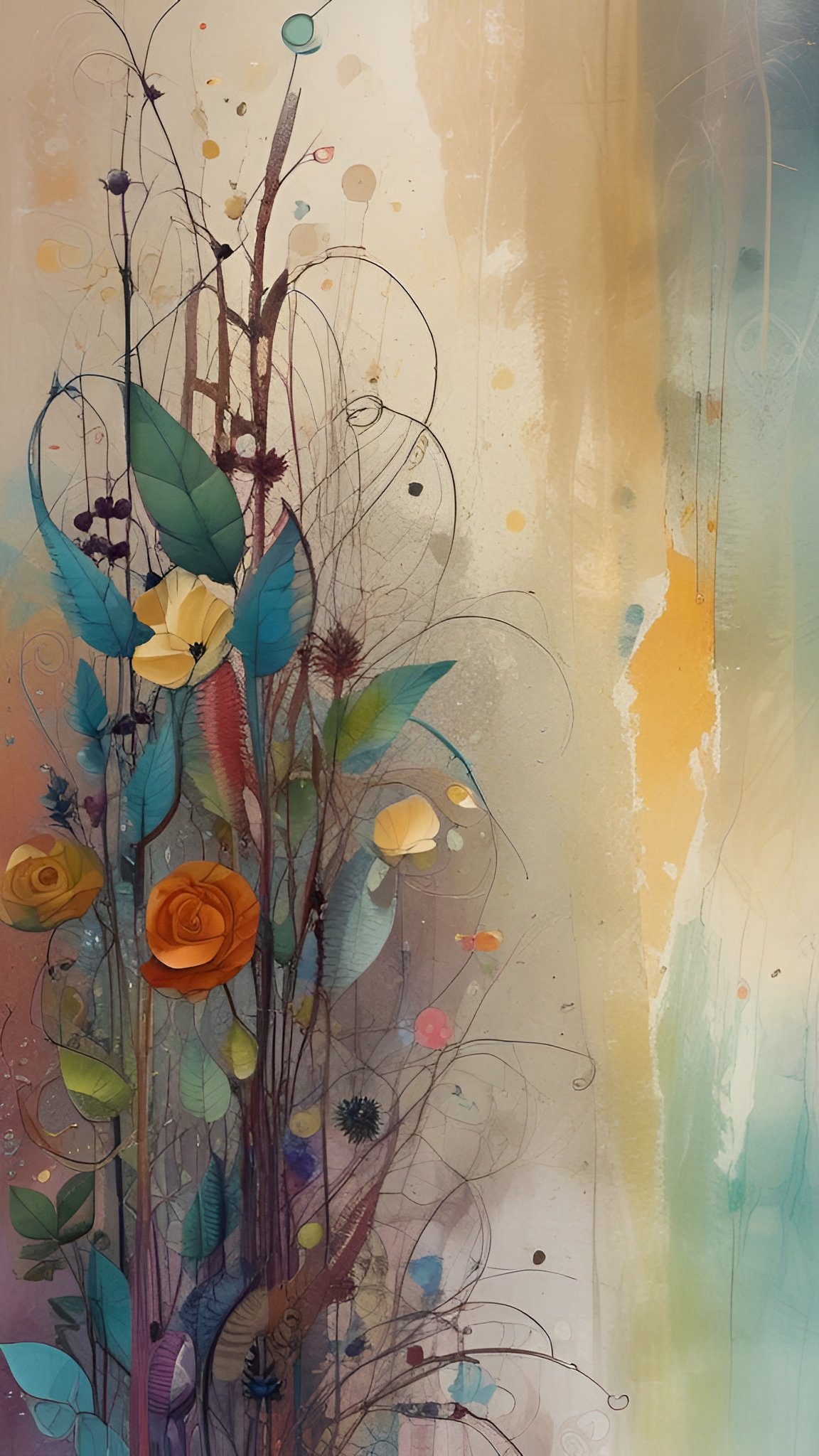 Watercolor of orange roses and yellow blooms with teal leaves