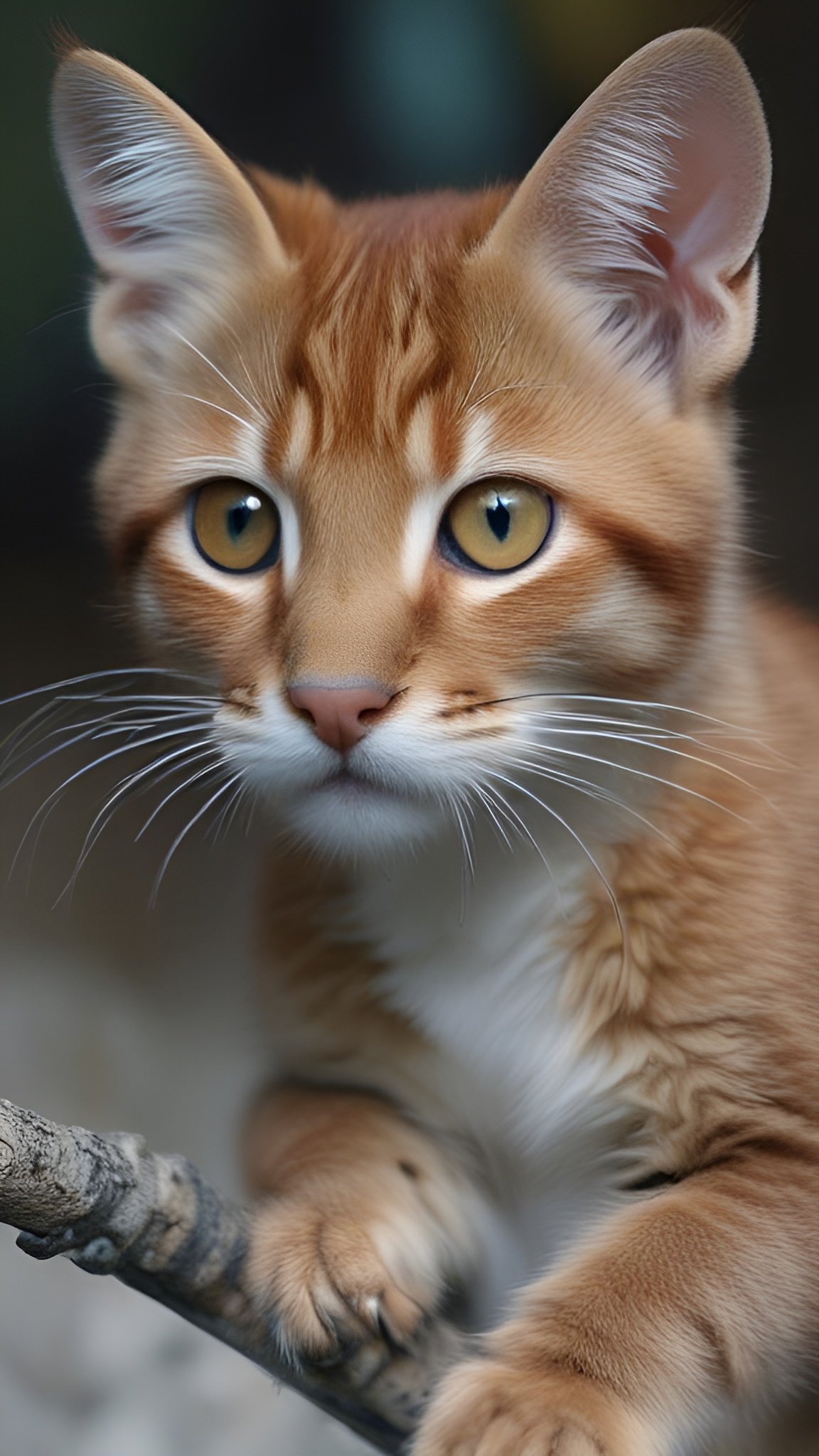 Photo of an orange tabby kitten with a white chest and gold green eyes on a gray branch