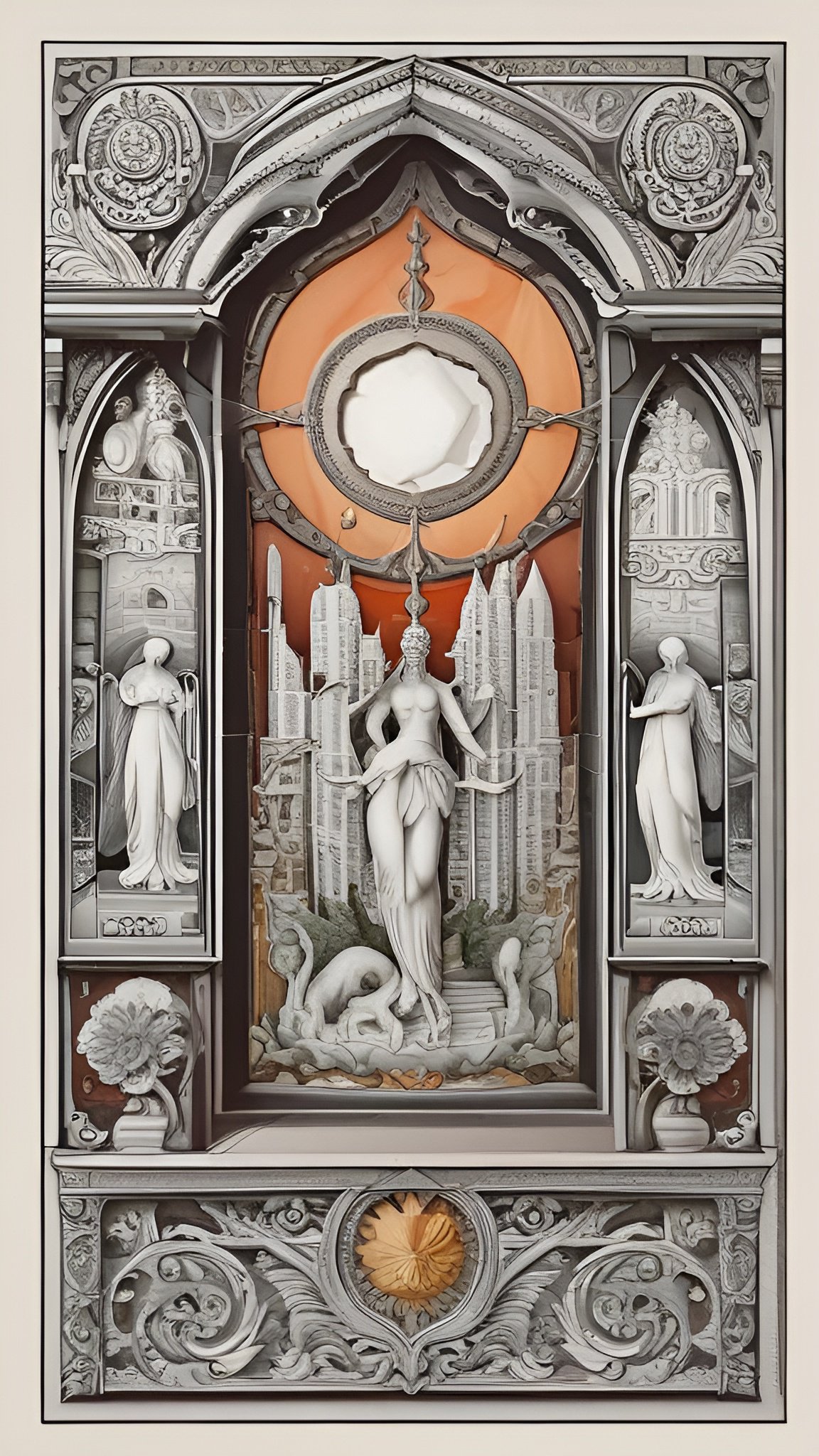 Modern art ornate bas relief sculpture panel with central figure and cityscape