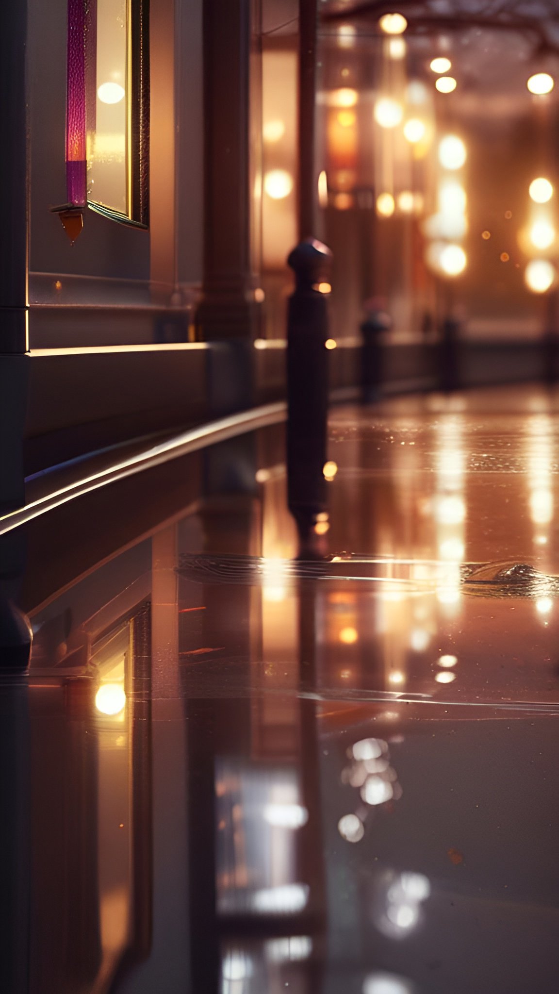 Creative photograph of outdoor reflections of warm bokeh lights