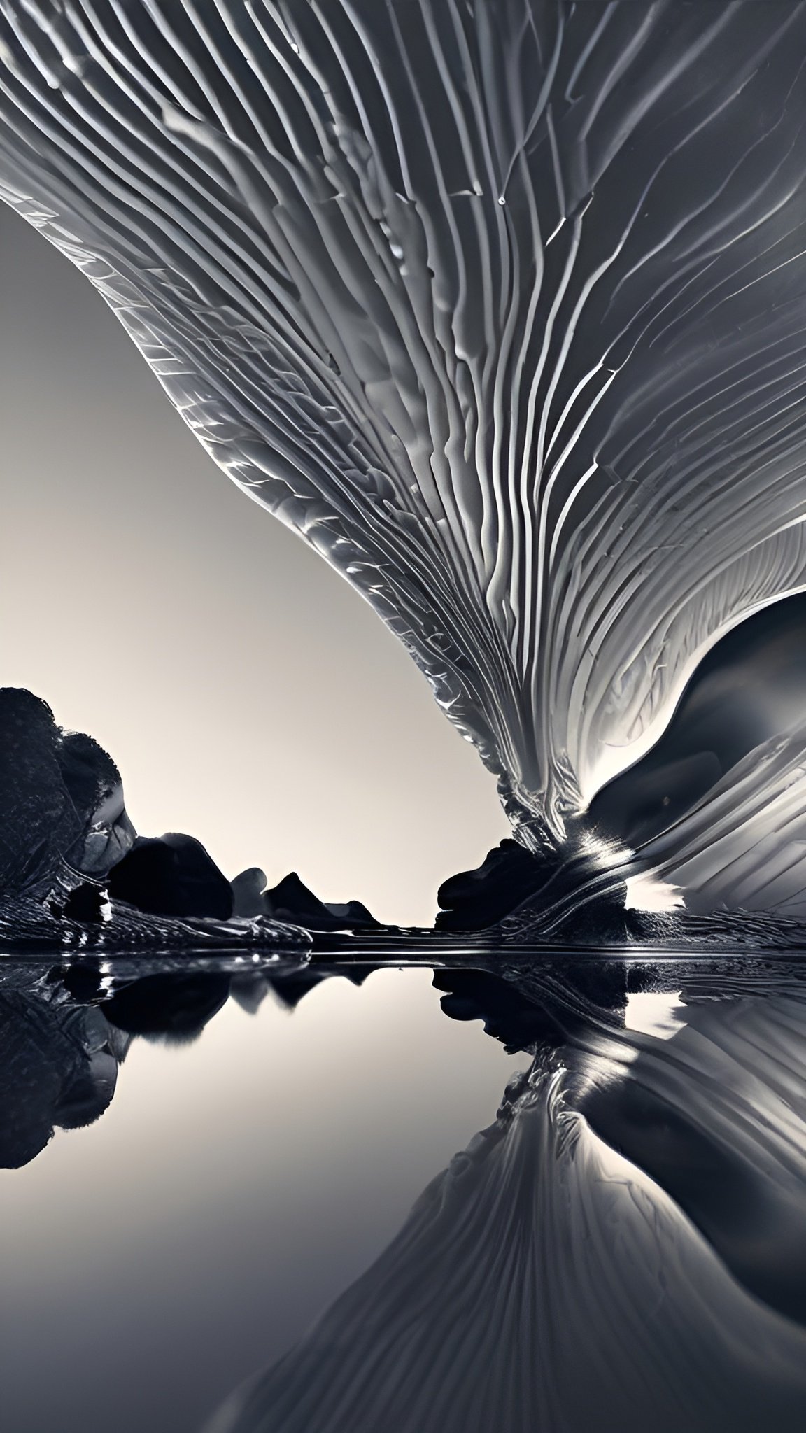 Abstract close-up of oyster mushroom gills in white and gray mirrored in still water