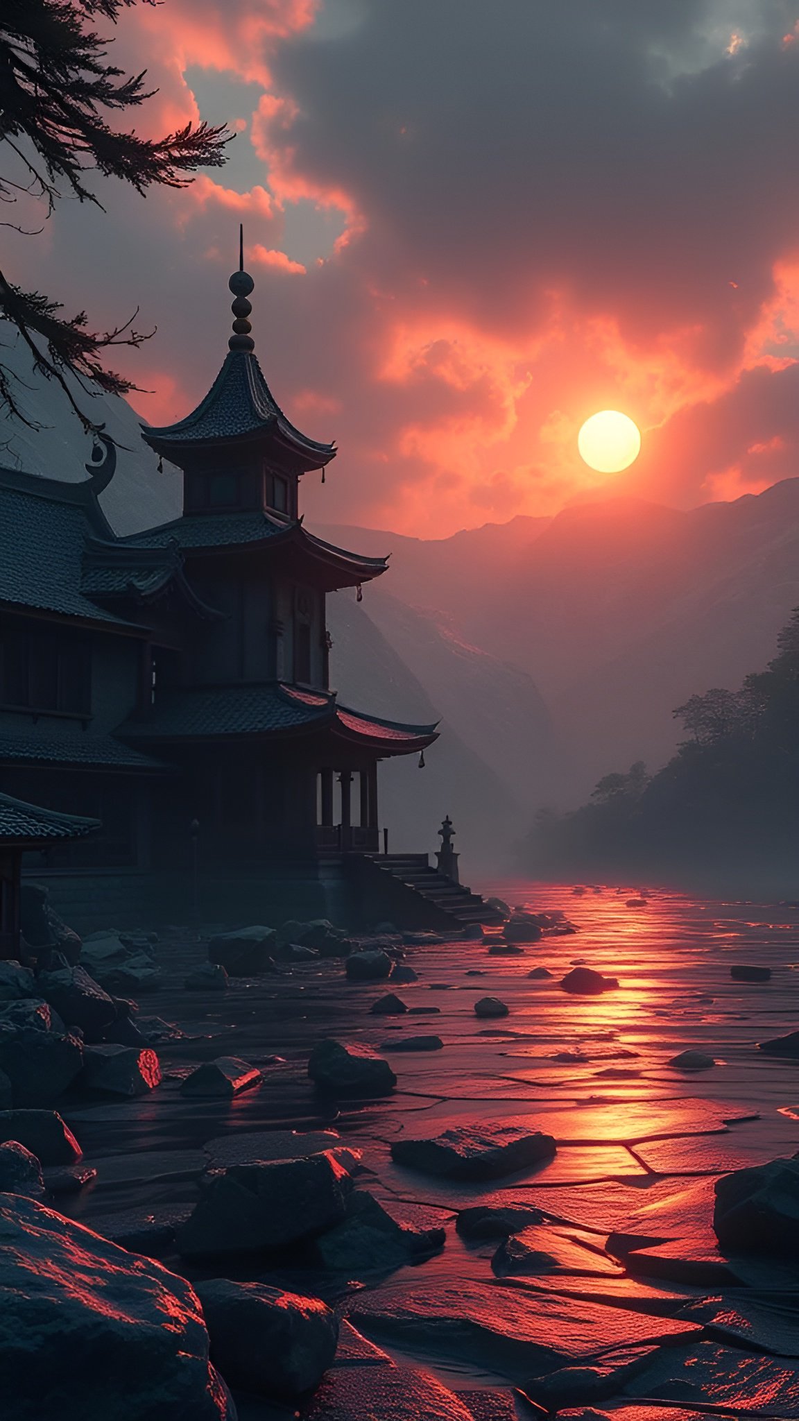 Pagoda by rocky river shore with sunset over mountains