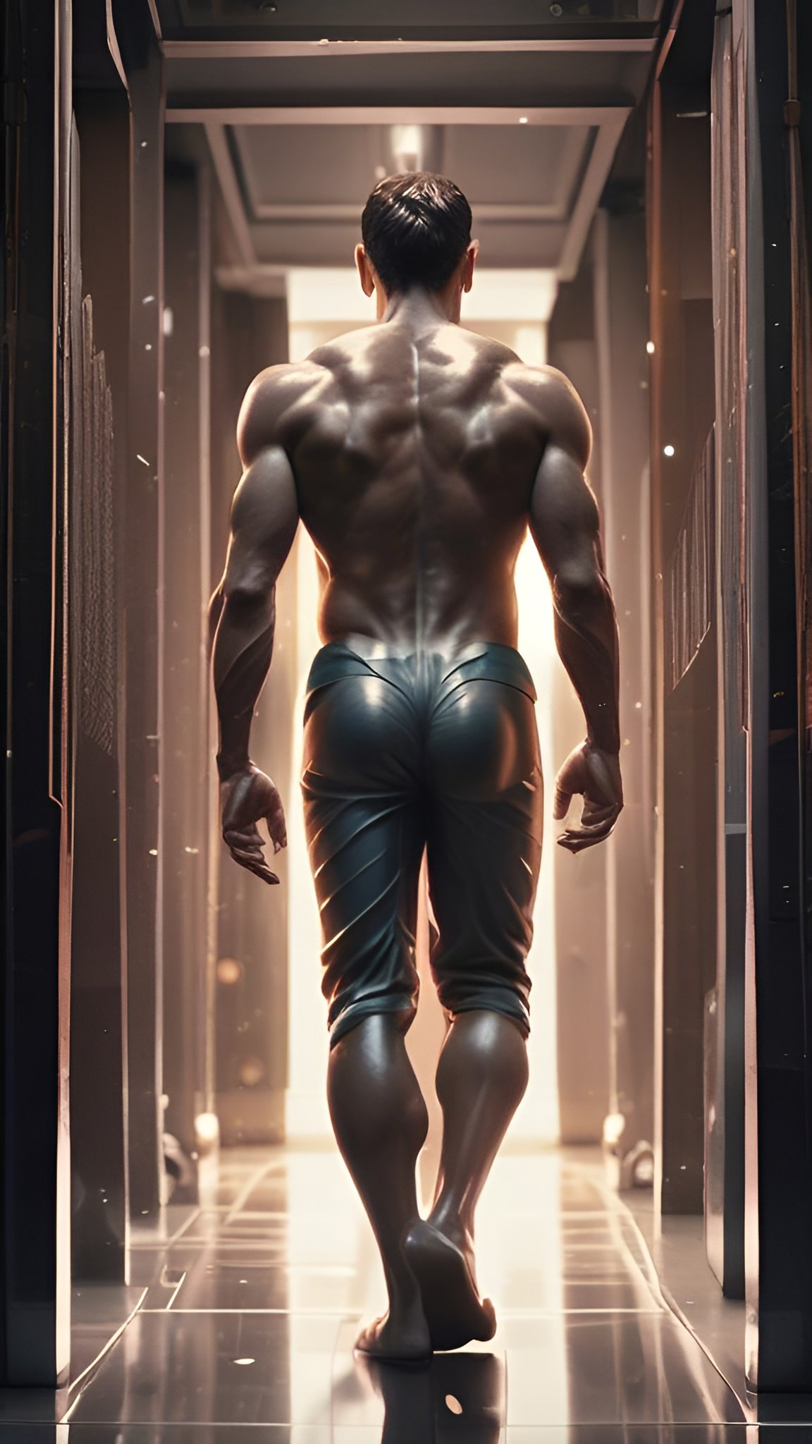 A painting of a man in green pants in a hallway, seen from the back