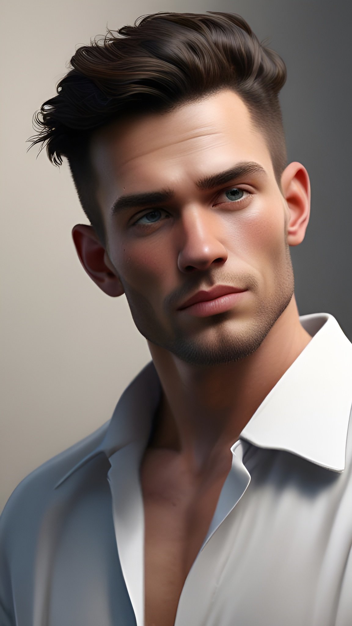 A painting of a man in a white shirt in a close portrait