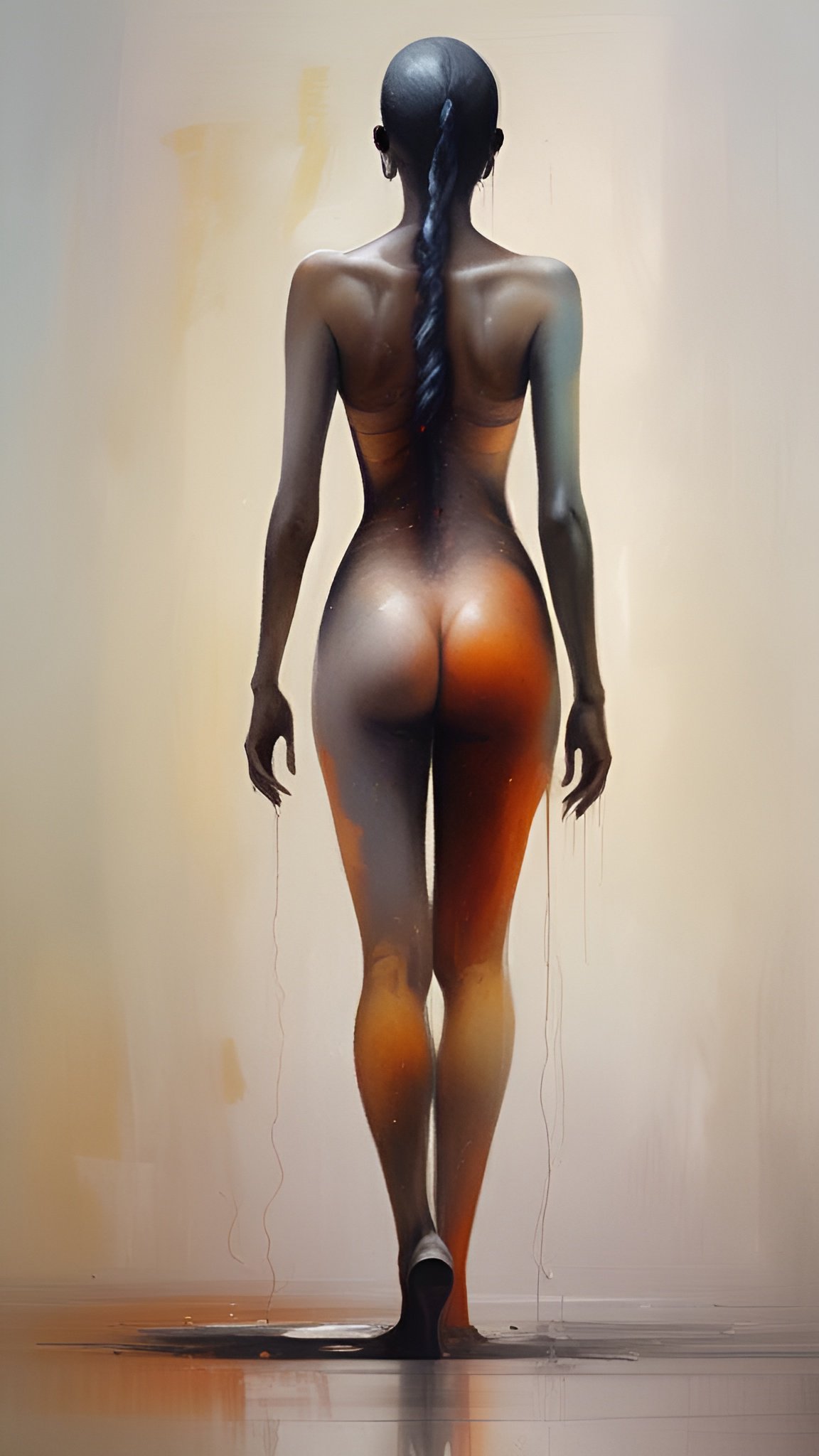 A painting of a woman as a figure walking away, seen from the back