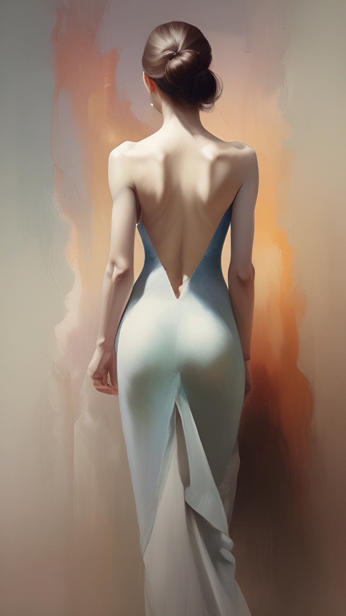 A painting of a woman in an ice blue backless gown with an open back