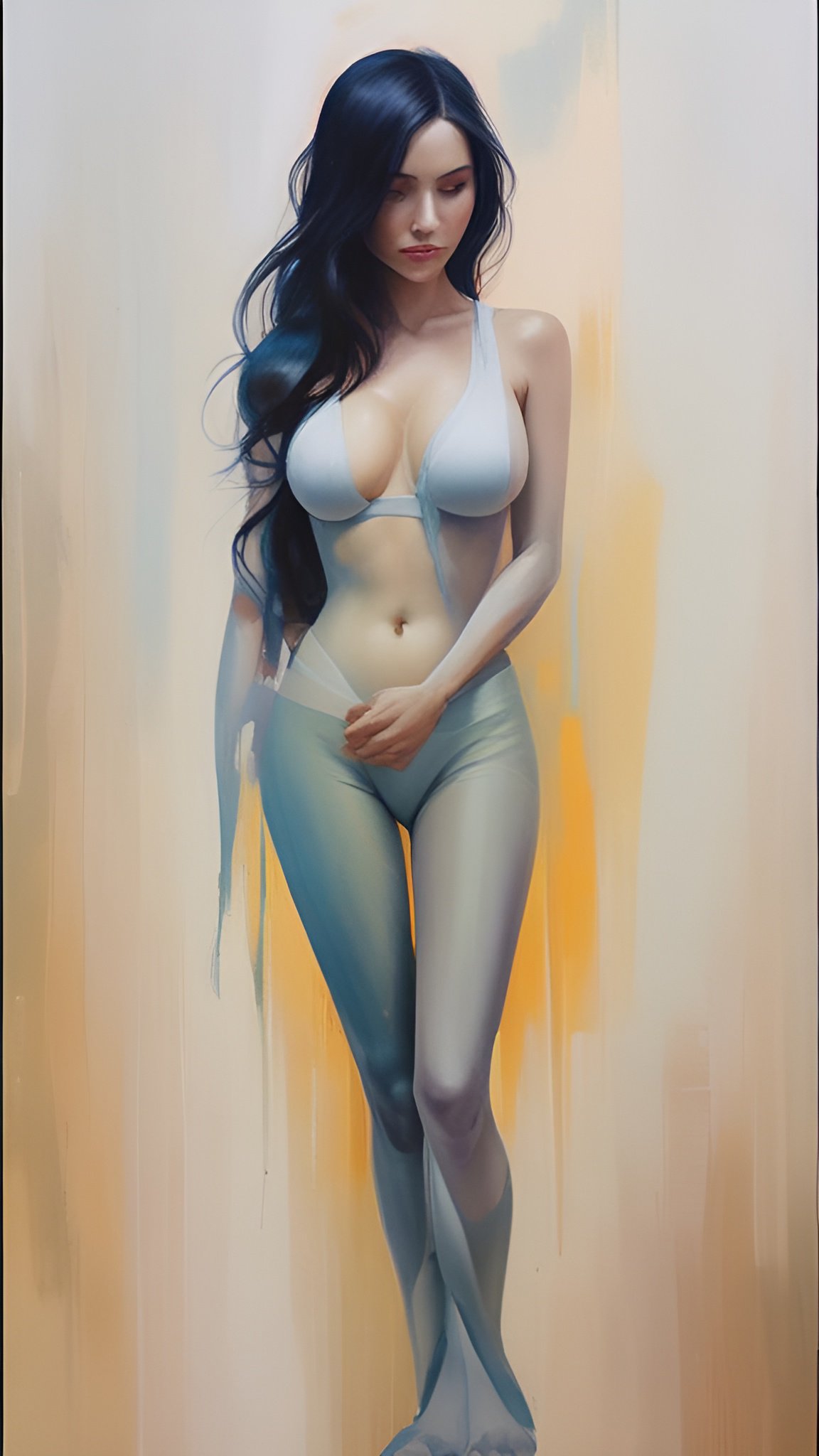 A painting of a woman in a light blue bodysuit standing in a soft studio light
