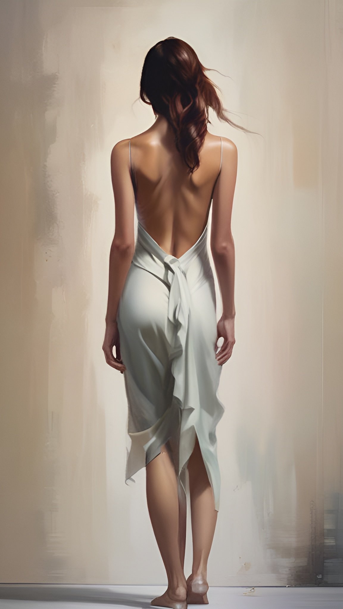 A painting of a woman in a mint wrap dress walking barefoot, seen from the back