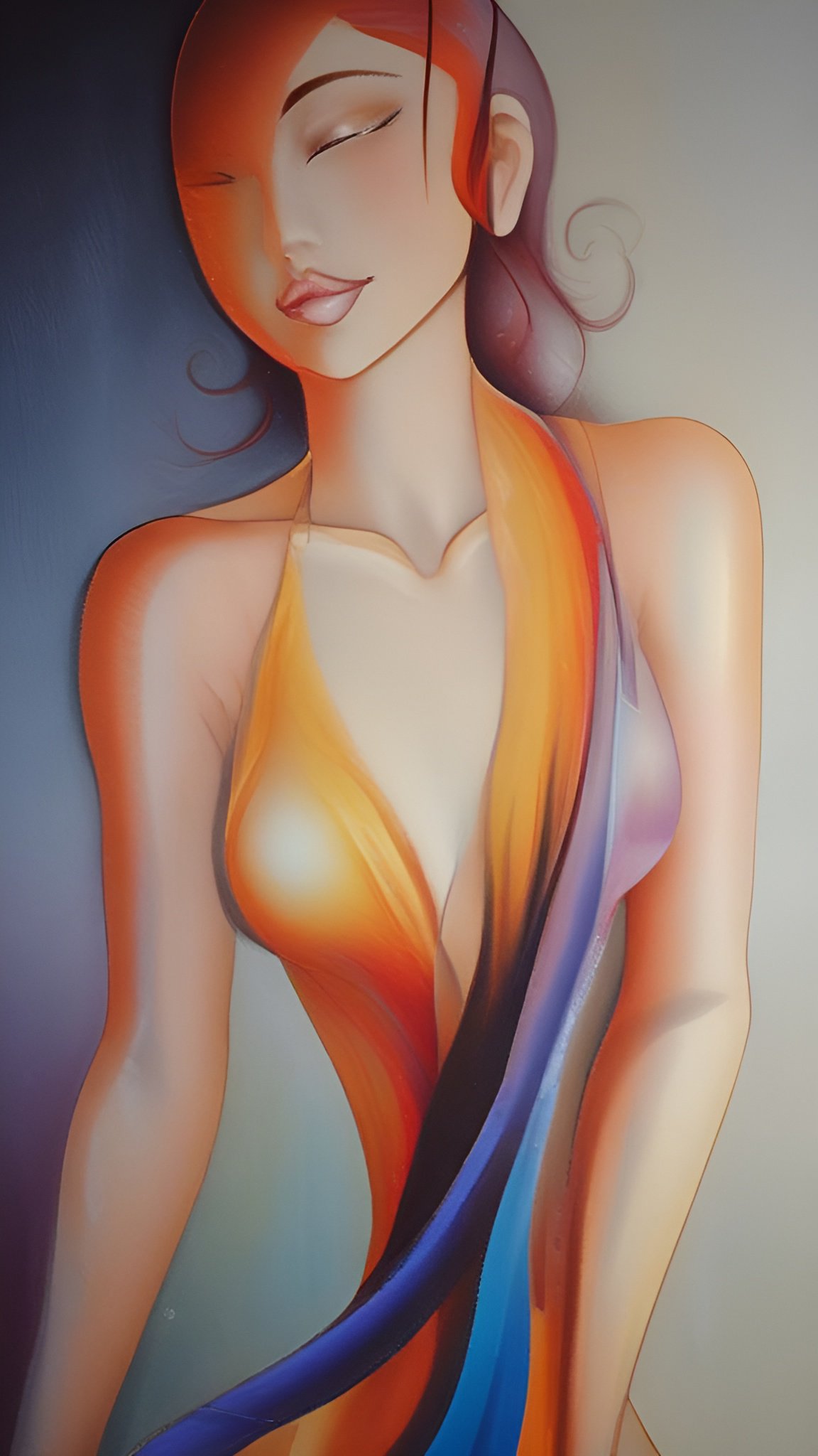 A painting of a woman with orange and blue draped fabric and closed eyes